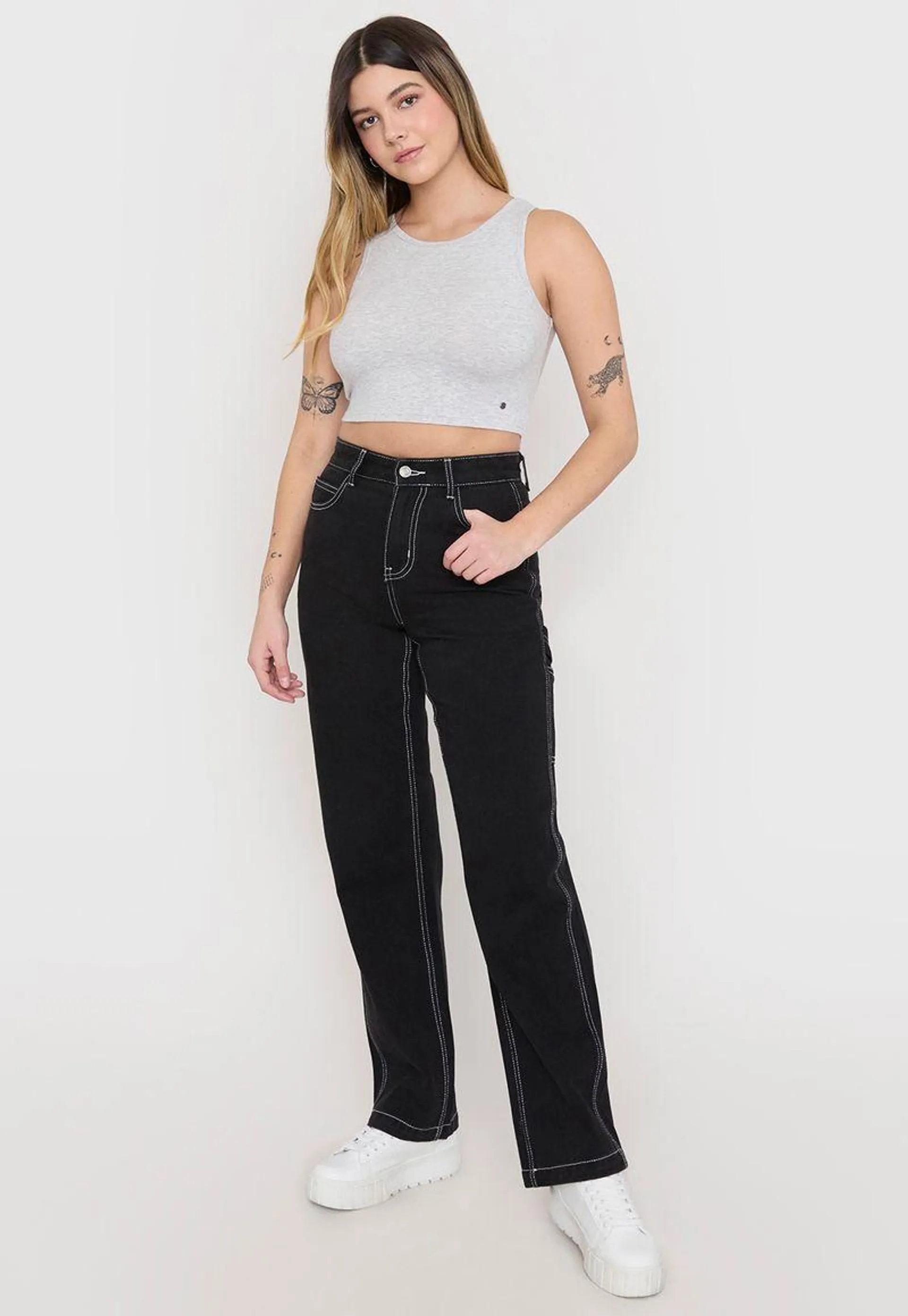 Jeans Mujer Cargo Straightt Pespunte Negro