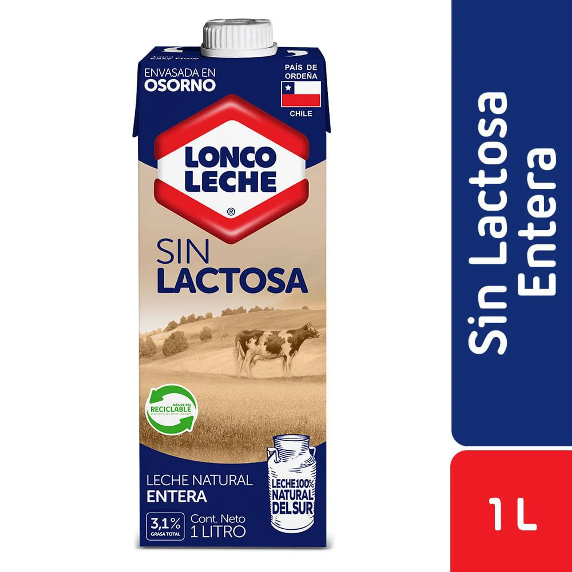 Leche entera sin lactosa Loncoleche con tapa 1 L