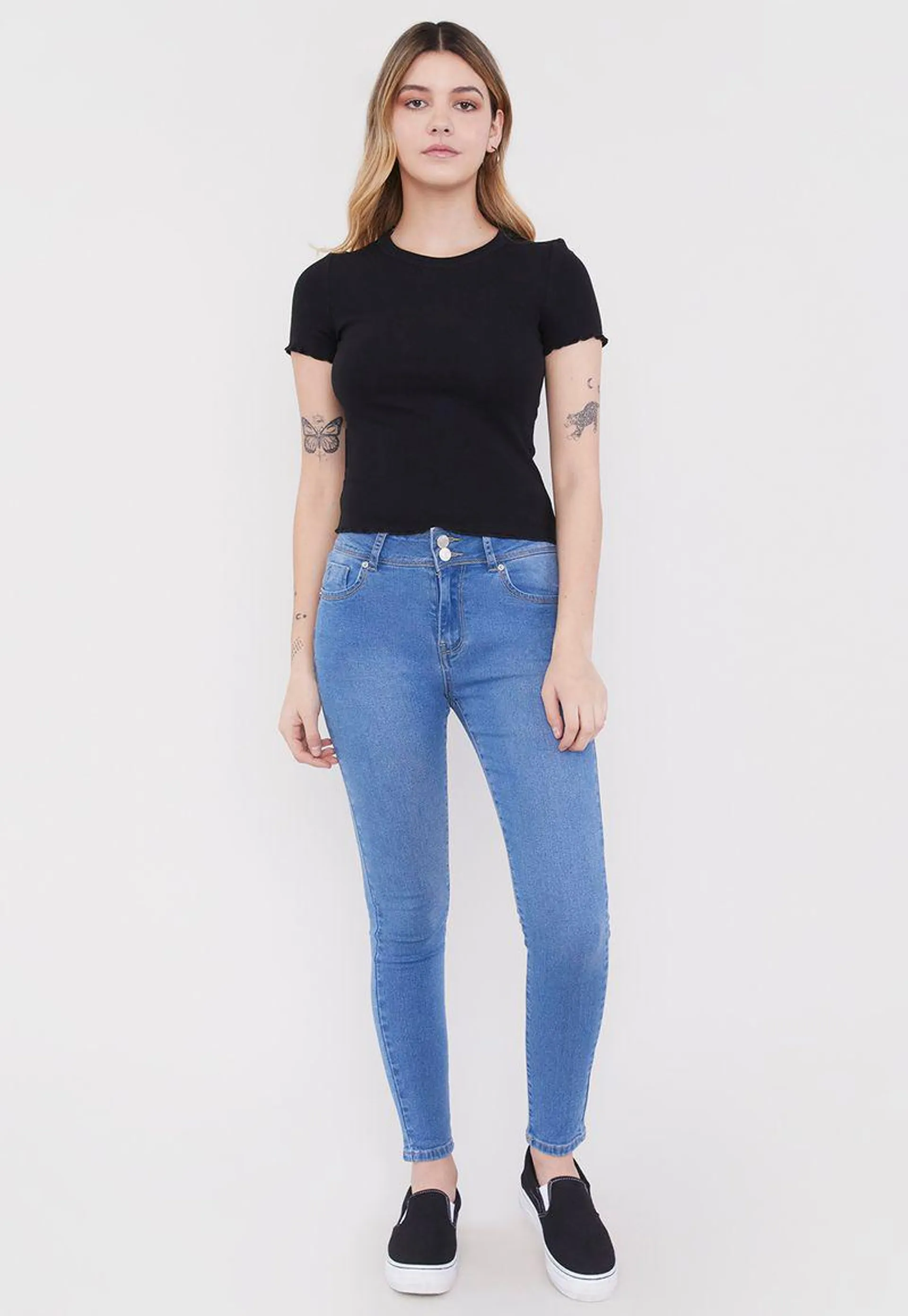 Jeans Mujer High Waist Botones Azul C