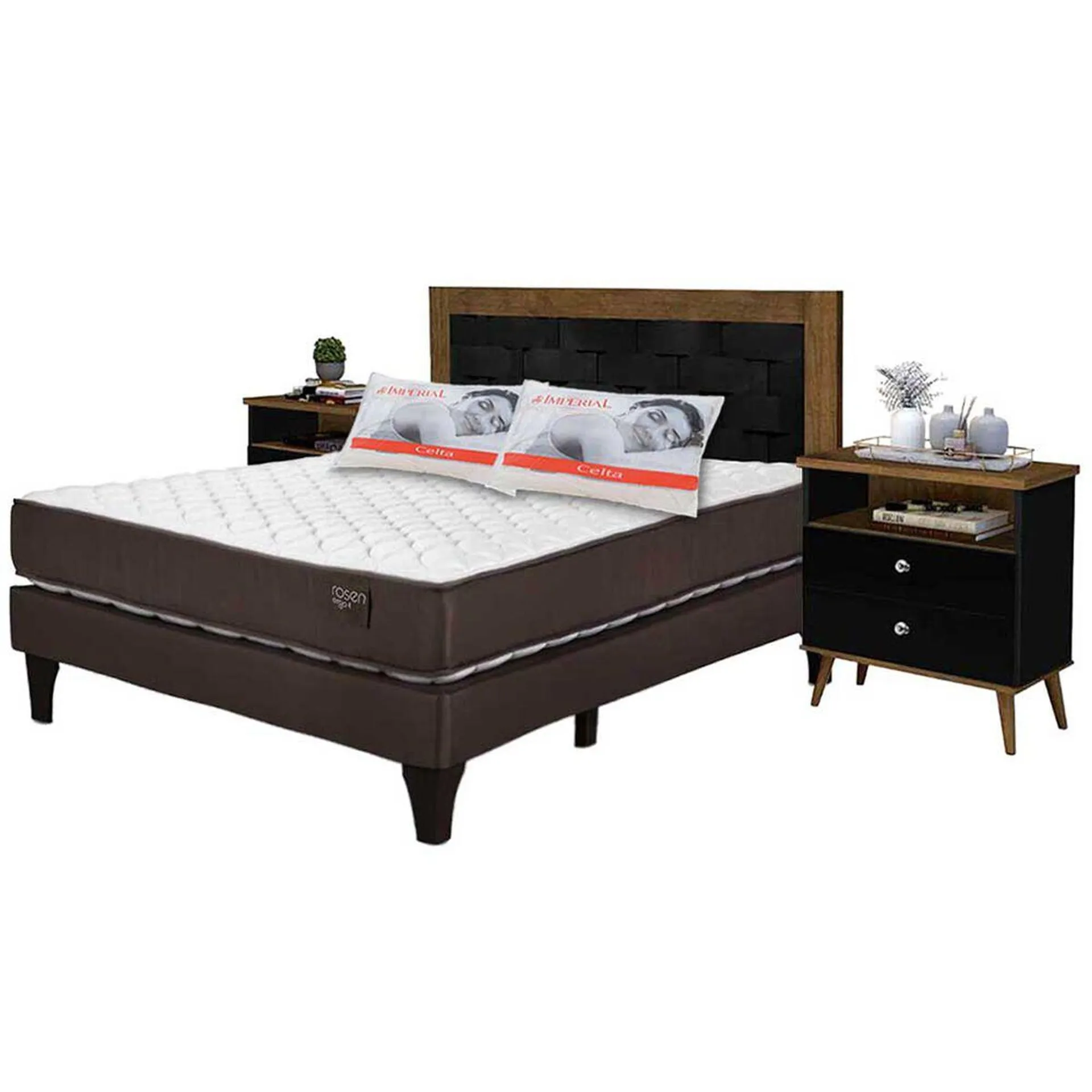 Combo Cama Europea Rosen 2 Plazas Ergo T + Respaldo + 2 Veladores Dreams Treliza Negro + Pack Almohadas Celta Imperial Soft