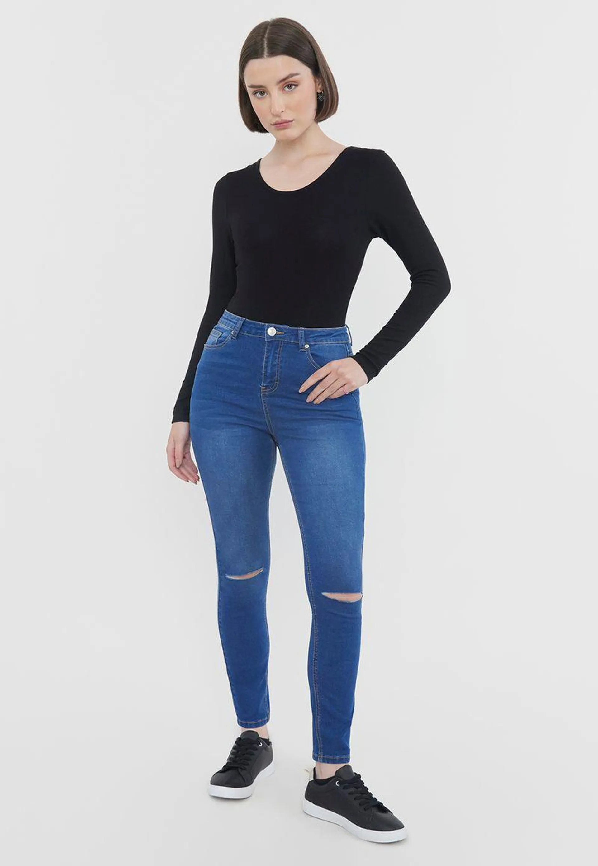 Jeans Mujer Skinny Azul Oscuro Destroyed