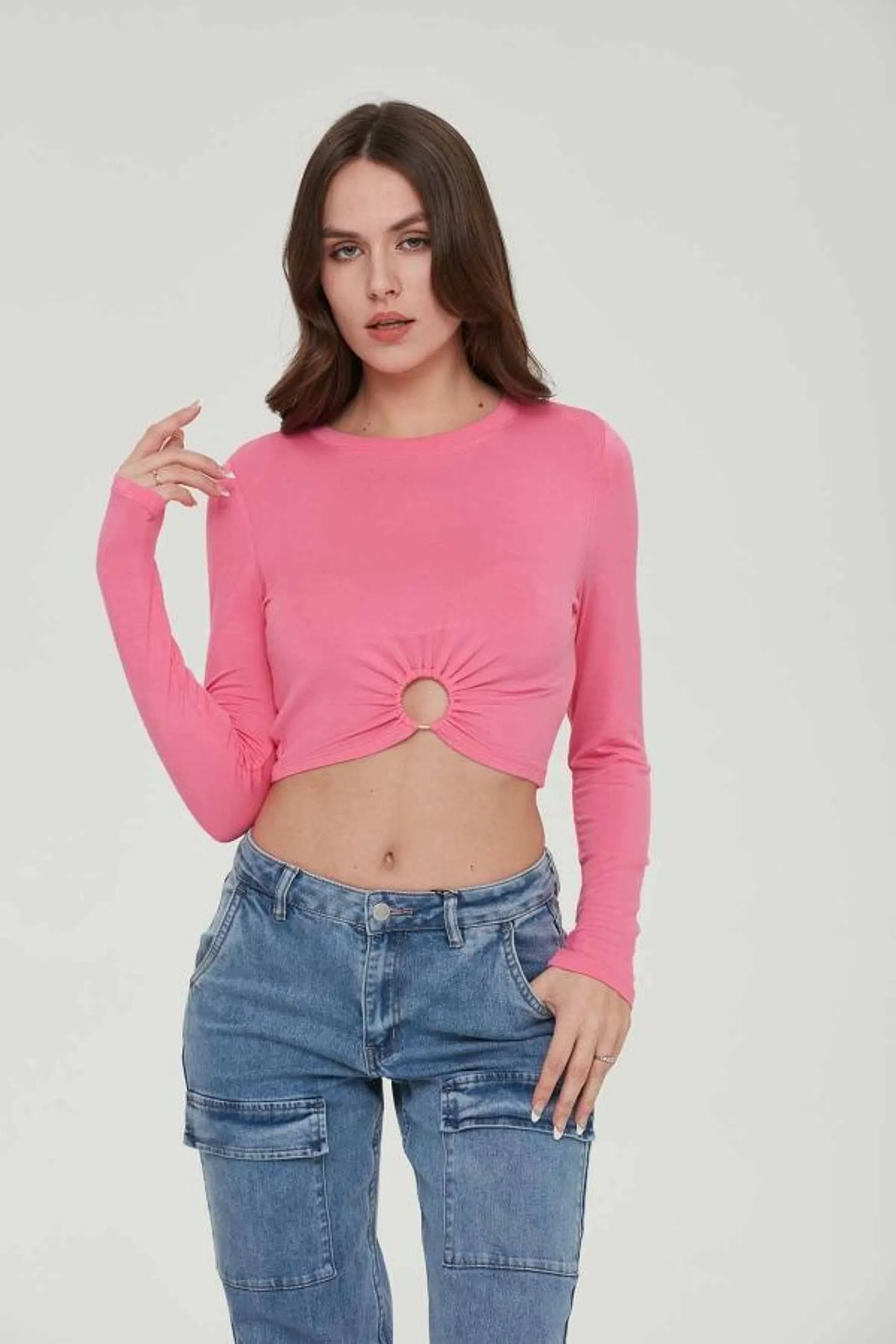 Polera mujer top frunces fucsia claro