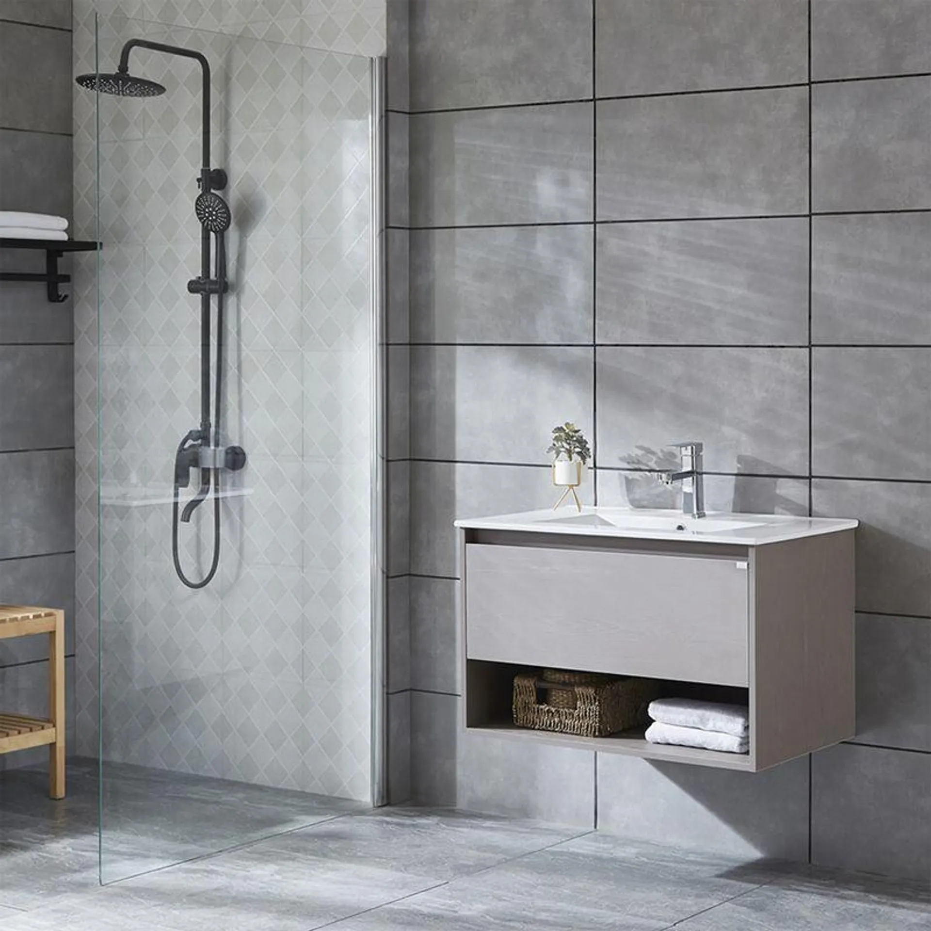 Mueble de Baño Queen Cajón y Repisa con Lavamanos y Fijaciones Cool Grey 700 mm