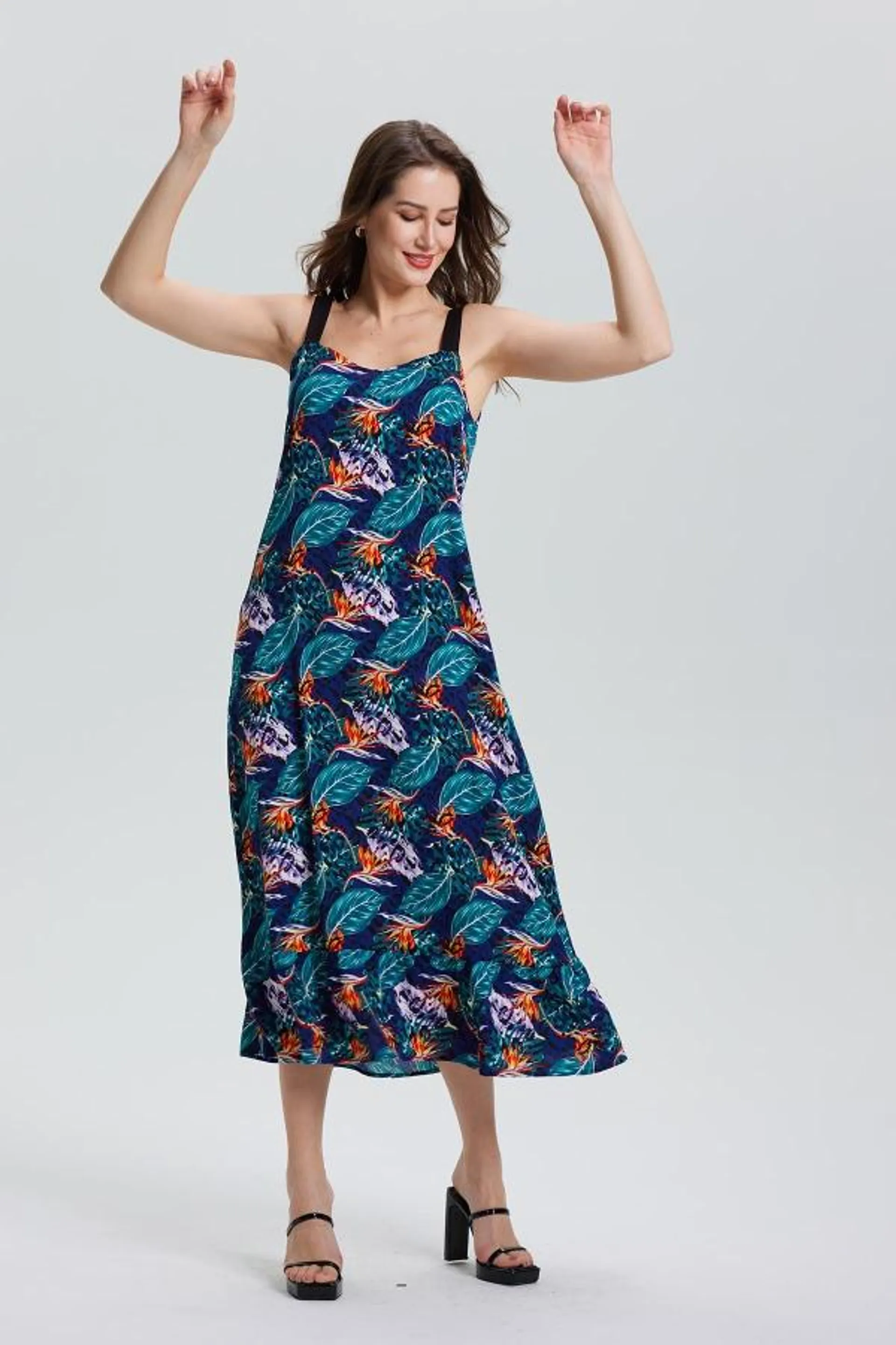 Vestido full print corte en la basta azul