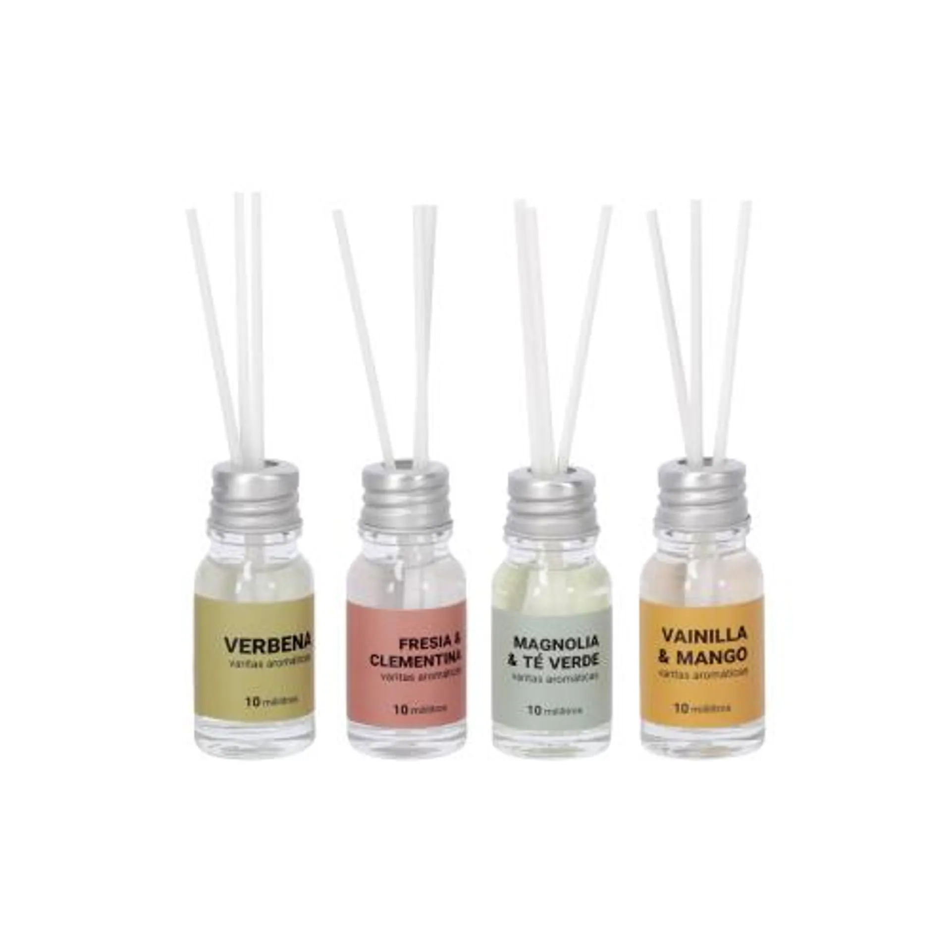 Set 4 Aceites Aromáticos con Varitas Vainilla-Mango / Magnolia-Té verde / Verbena / Fresia-Clementina 10 ml