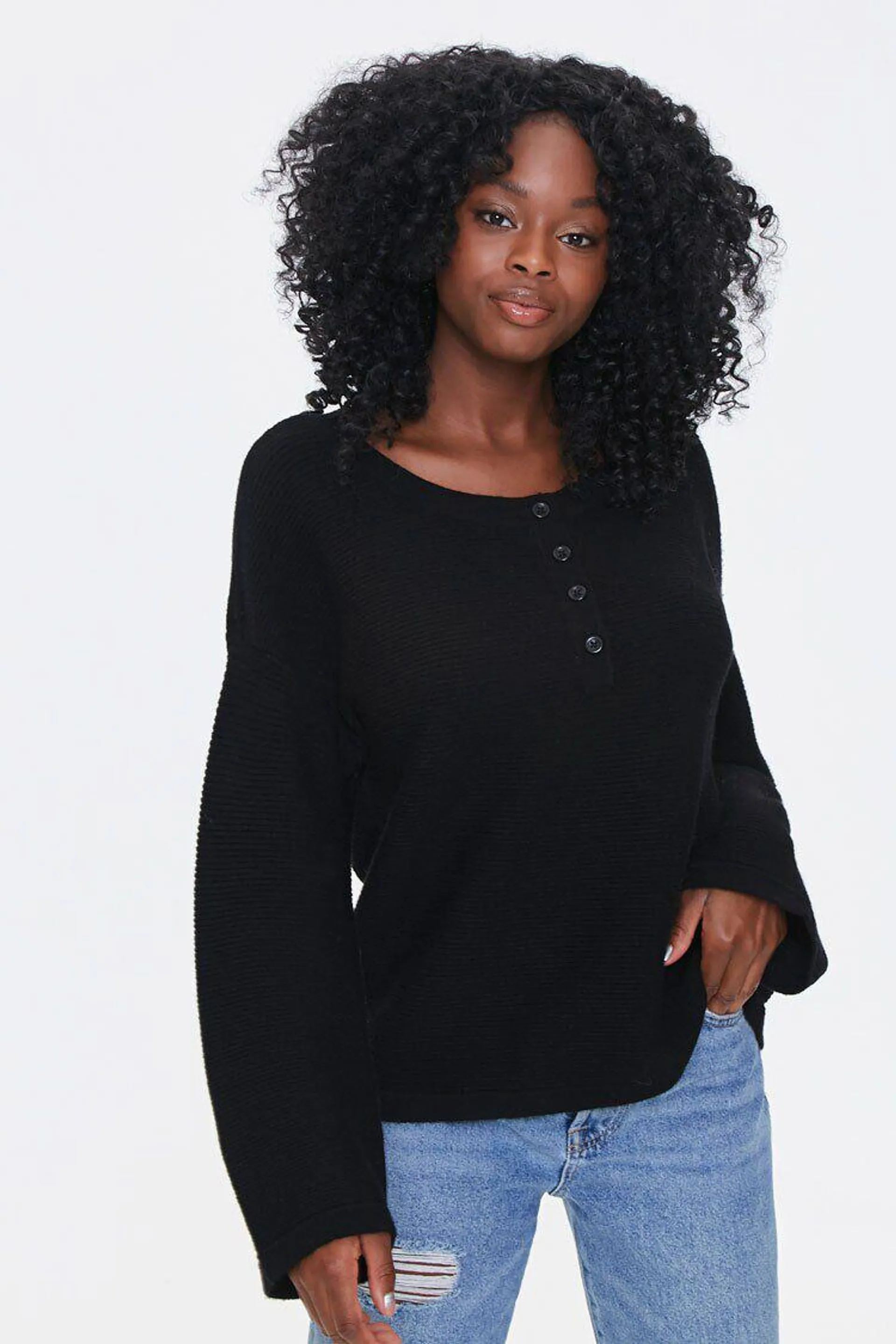 Sweater-Knit Henley Top - Black