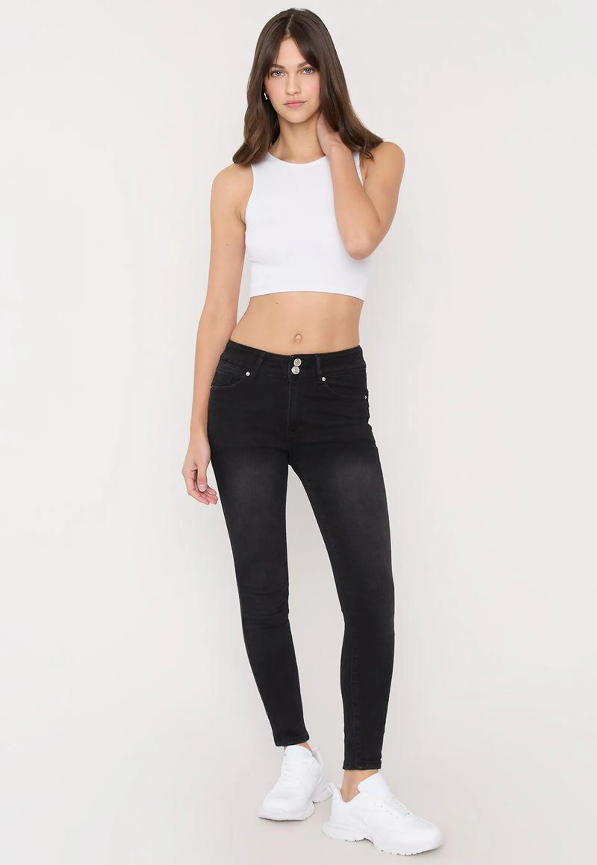 Jeans Mujer 2 Botones Negro High Waist