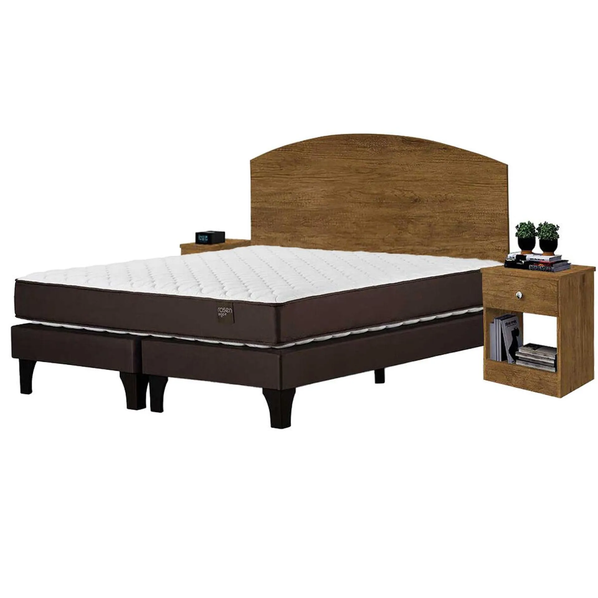 Combo Cama Europea Rosen Base Dividida 2 Plazas Ergo T + Respaldo + 2 Veladores Casanova 2 Plazas Jequitiba