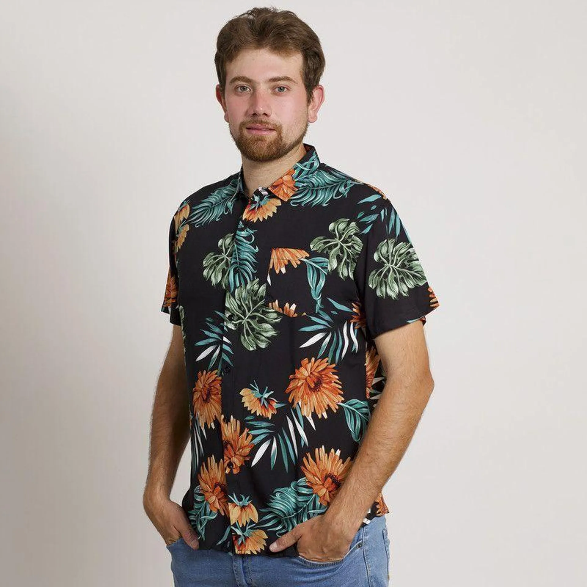 CAMISA HOMBRE MANGA CORTA HAWAIANA NEGRA