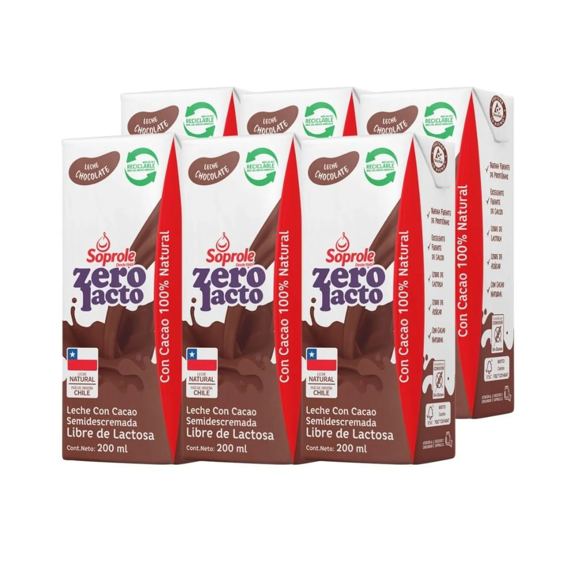 Pack leche semidescremada sin lactosa Soprole Zerolacto sabor chocolate 6 un de 200 ml