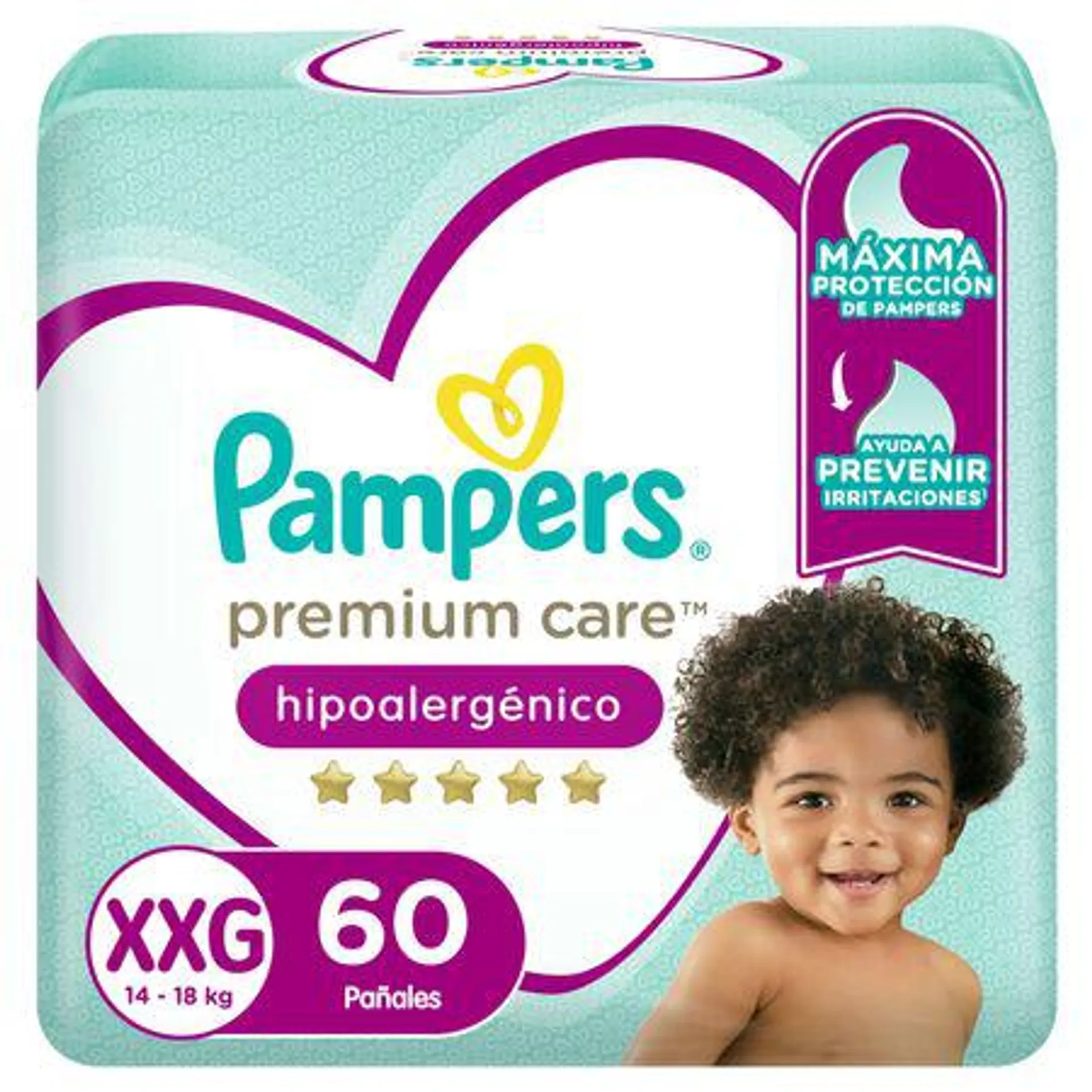 Pañales Pampers Premium Care Hipoalergénico Talla XXG 60 un.