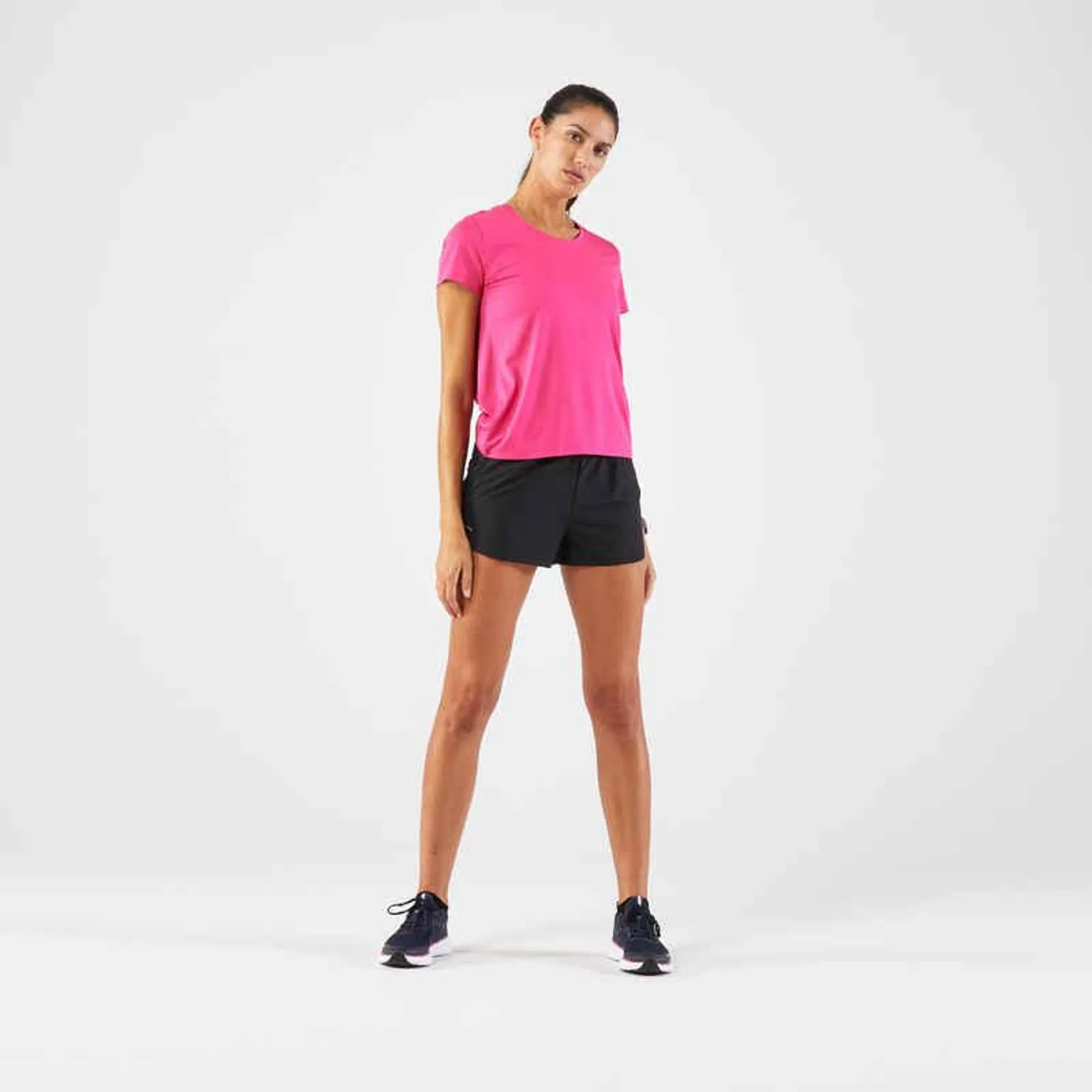 Polera de Running transpirable mujer - Kiprun Run 100 azul fucsia