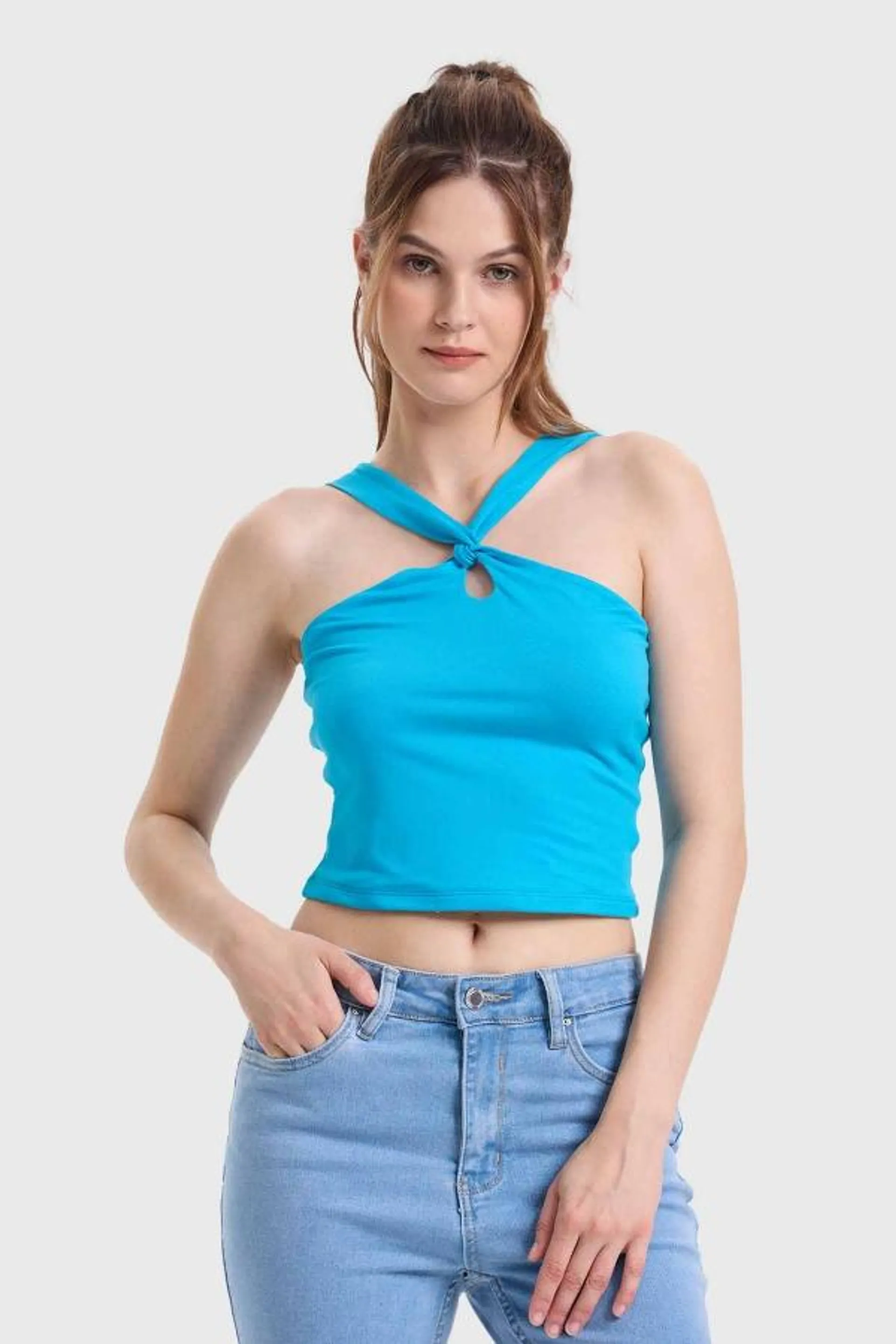 Polera mujer nudo azul claro