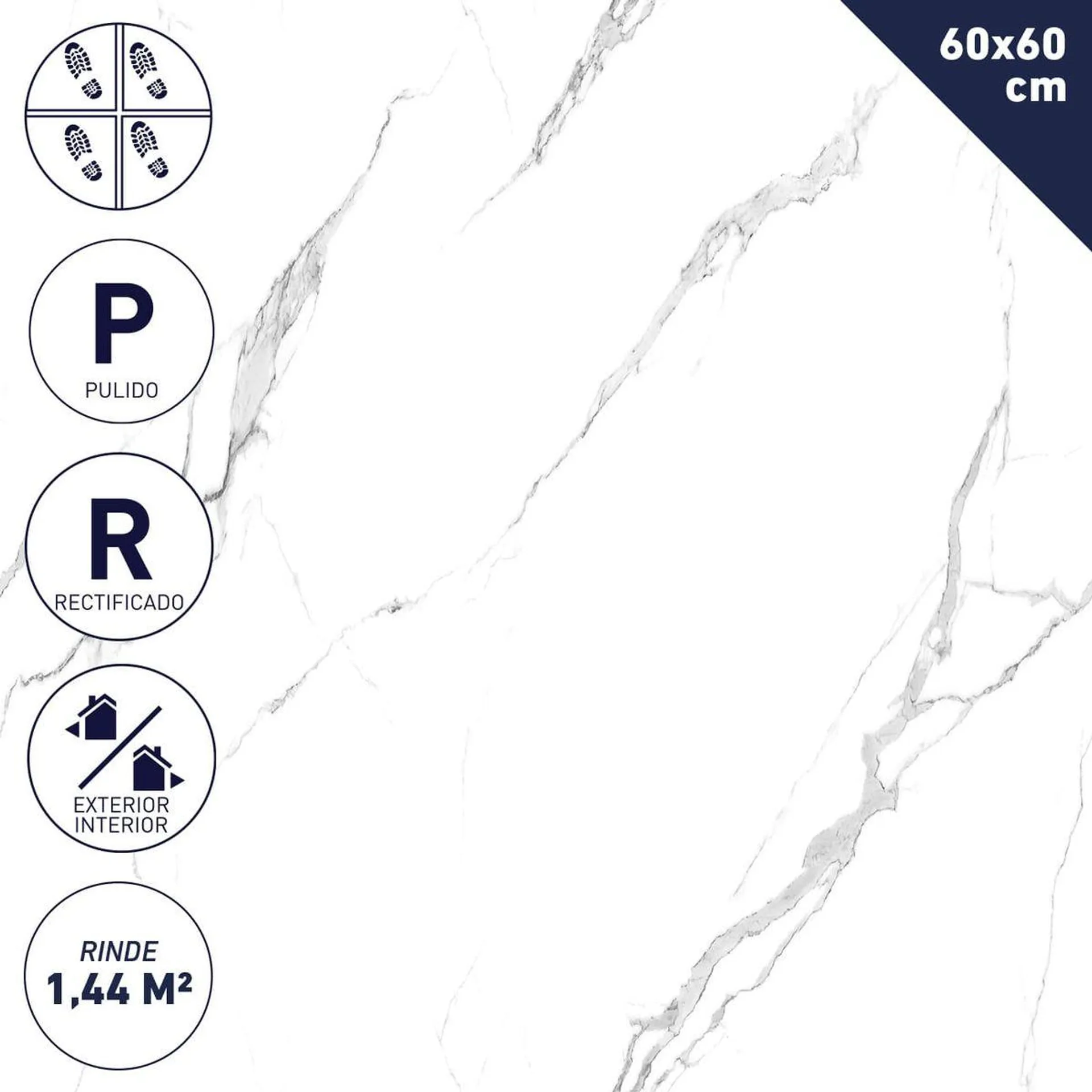 Gres Porcelánico 60 x 60 cm 1,44 M2 New Carrara Blanco Pulido