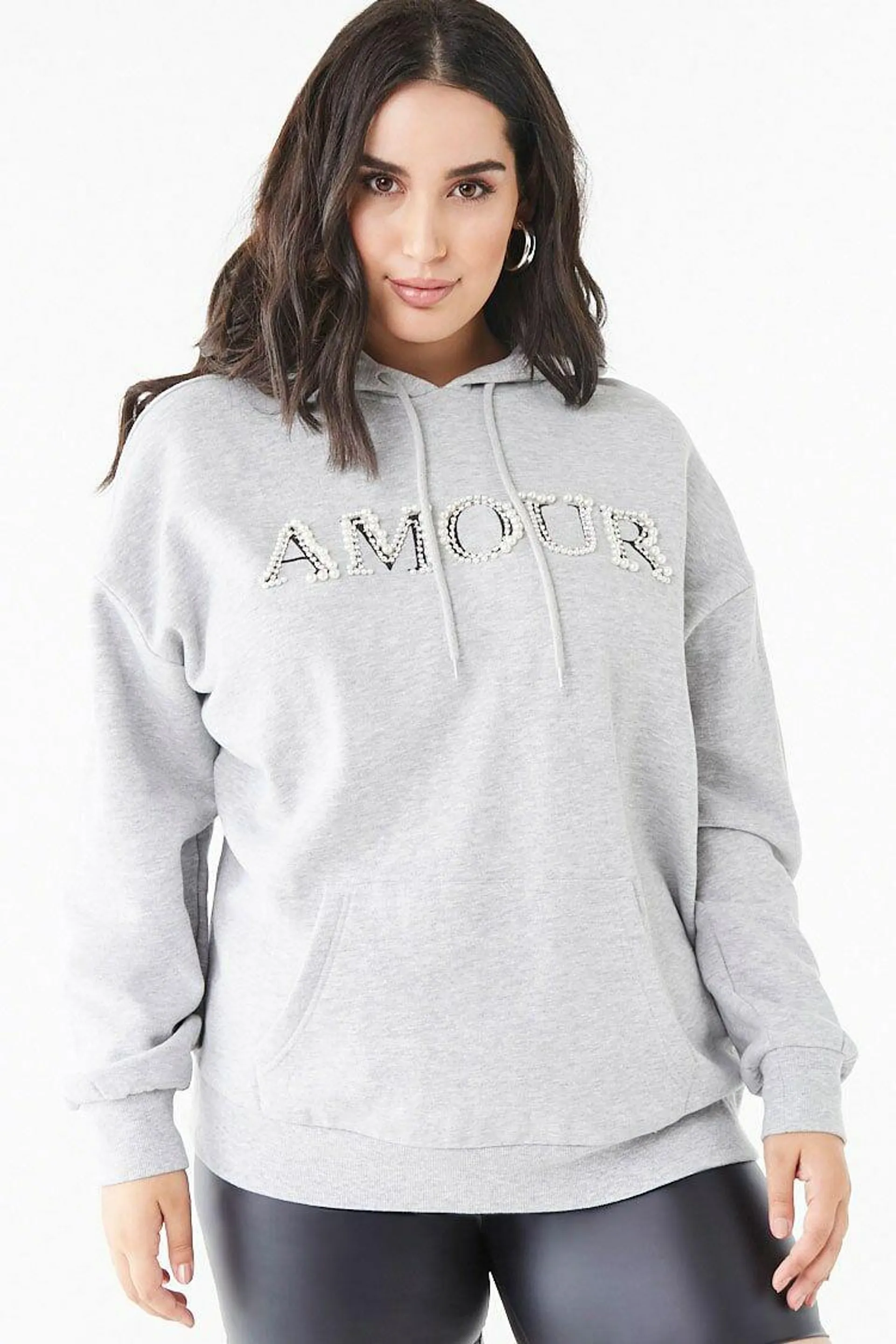 Plus Size Faux Pearl Amour Graphic Hoodie Heather Grey Ivory