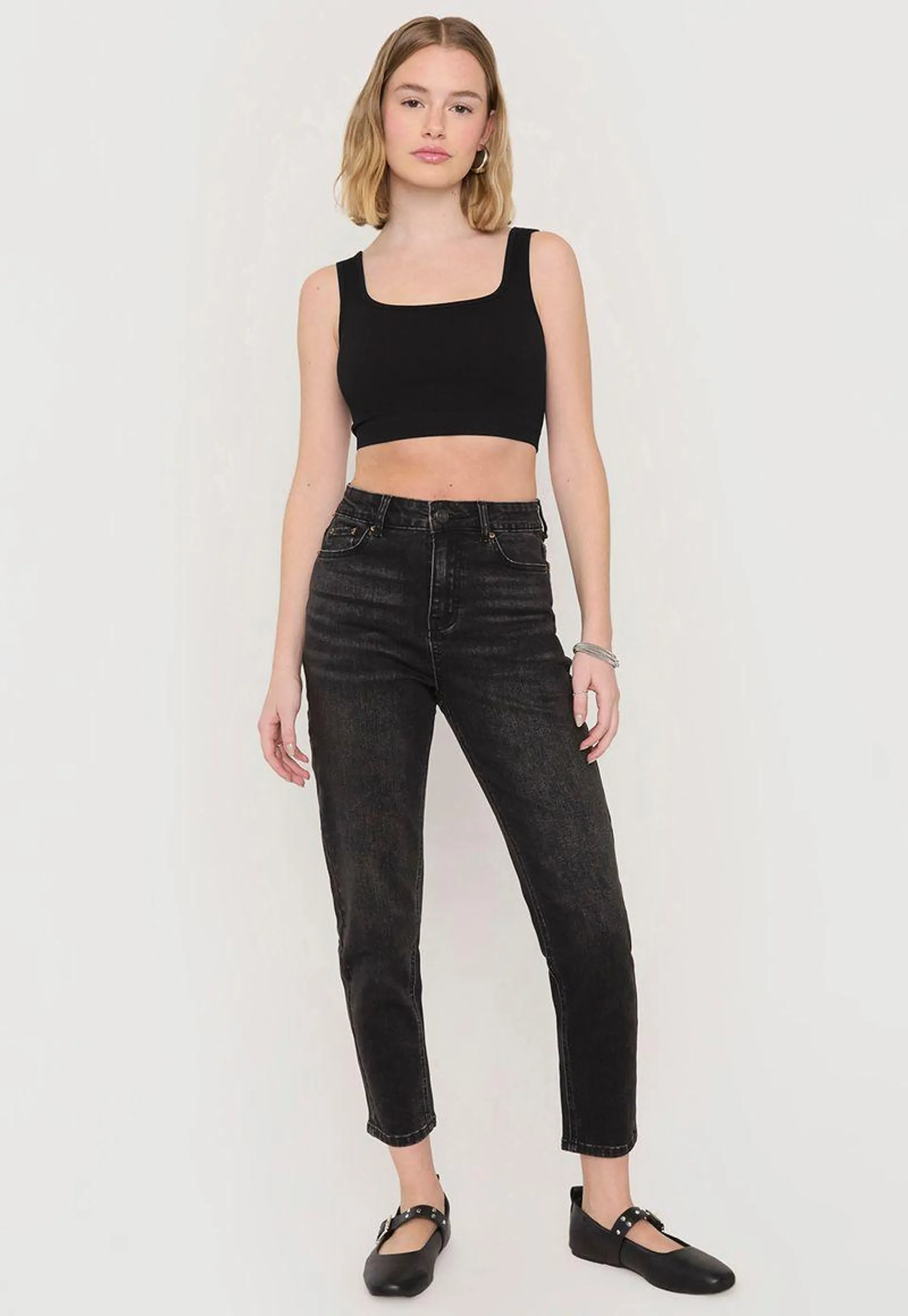 Jeans Mujer Mom Elasticado Negro