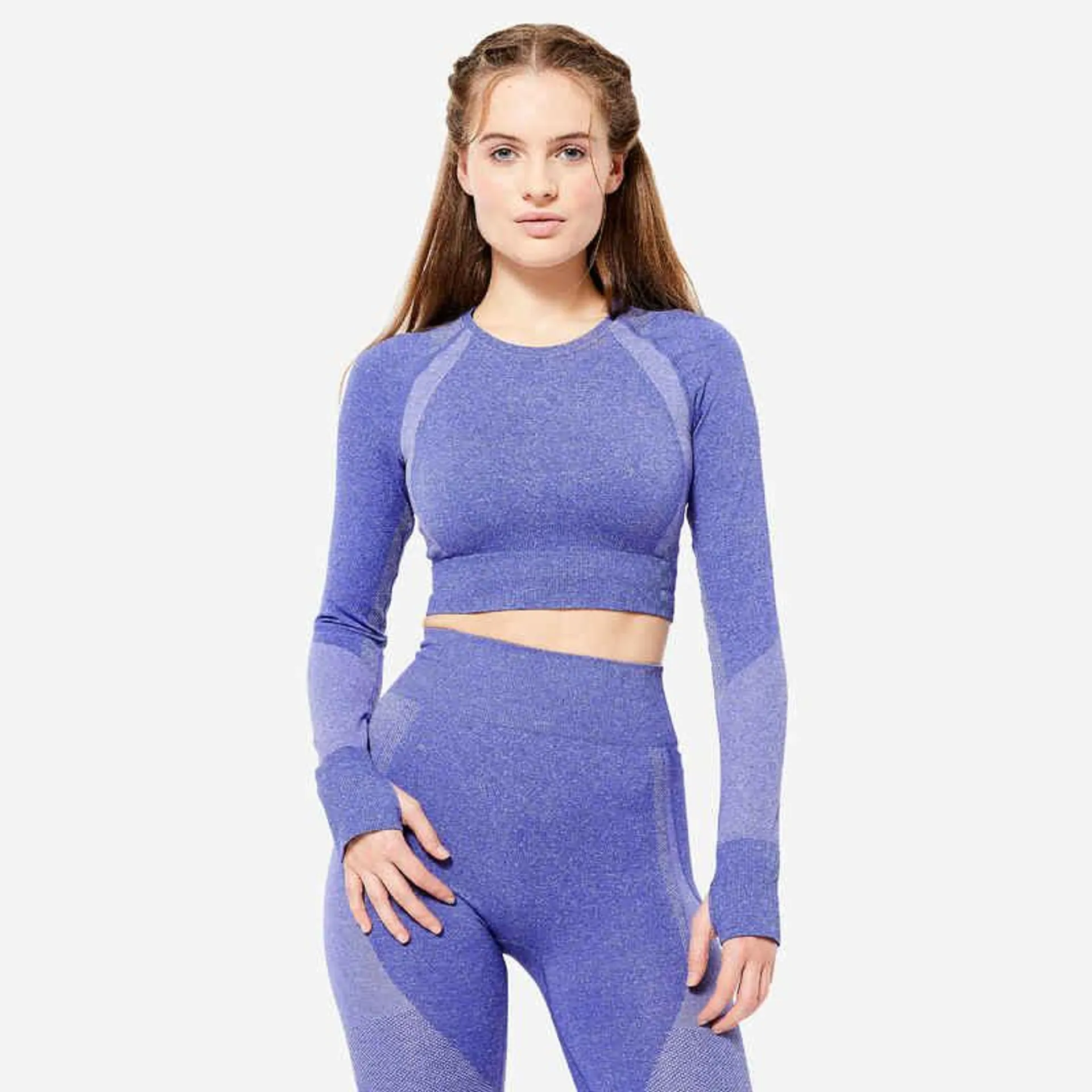 POLERA CROP-TOP FITNESS AZUL MANGA LARGA SIN COSTURAS