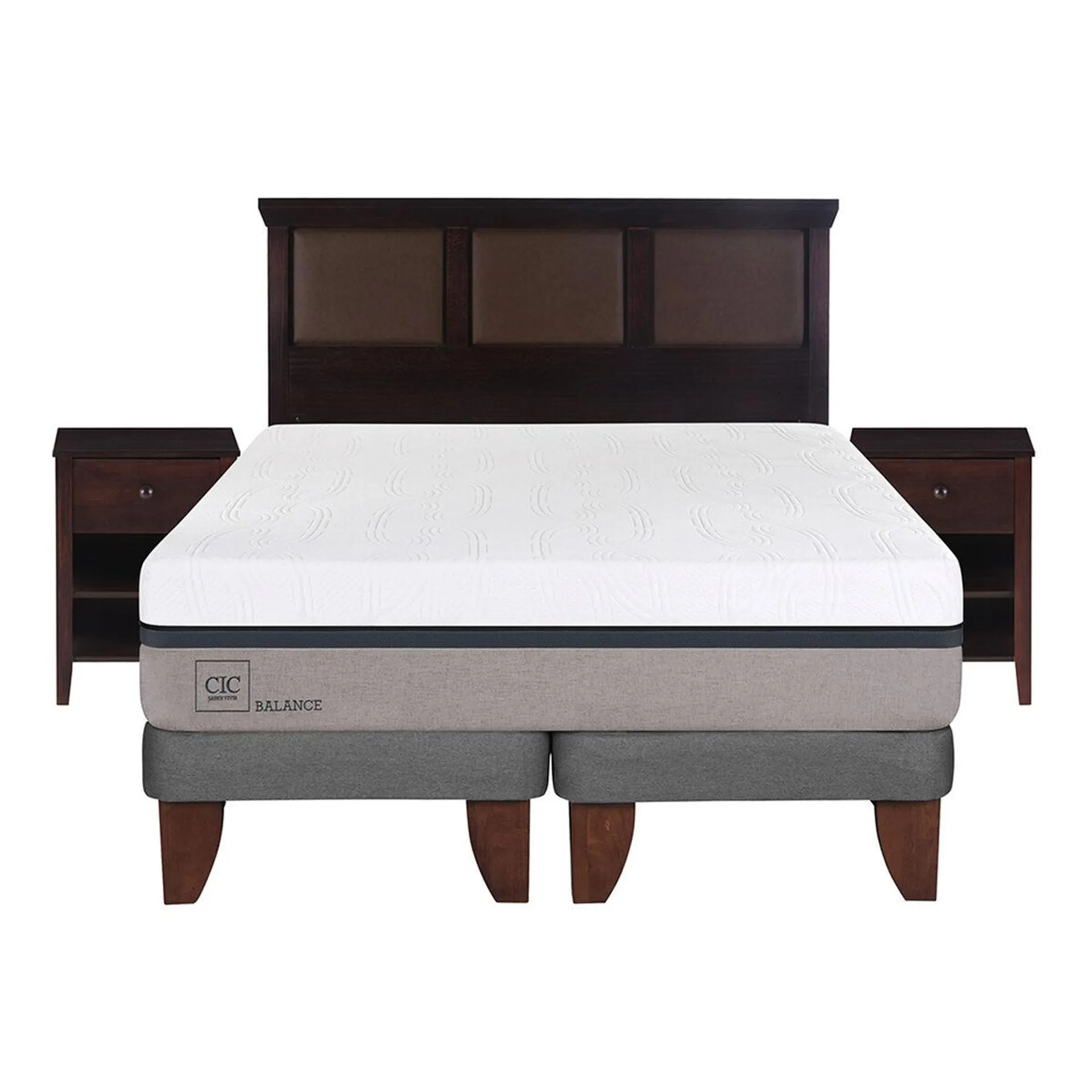 Cama Europea CIC Base Dividida King Balance + Respaldo + 2 Veladores New Torino