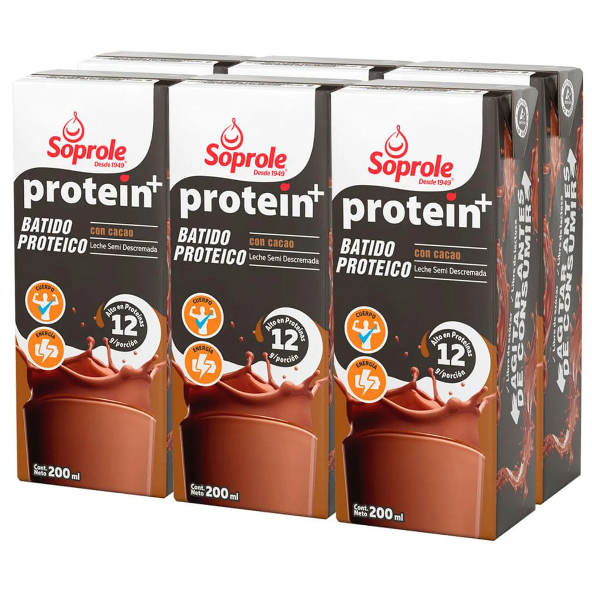 Pack leche proteina Soprole protein+ sabor chocolate 6 un de 200 ml