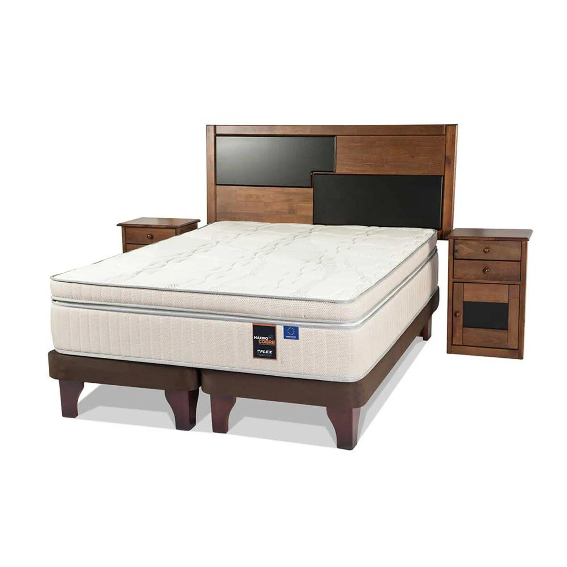 Cama Europea Flex Base Dividida 2 Plazas Máximo Cobre + Respaldo + 2 Veladores Colonia