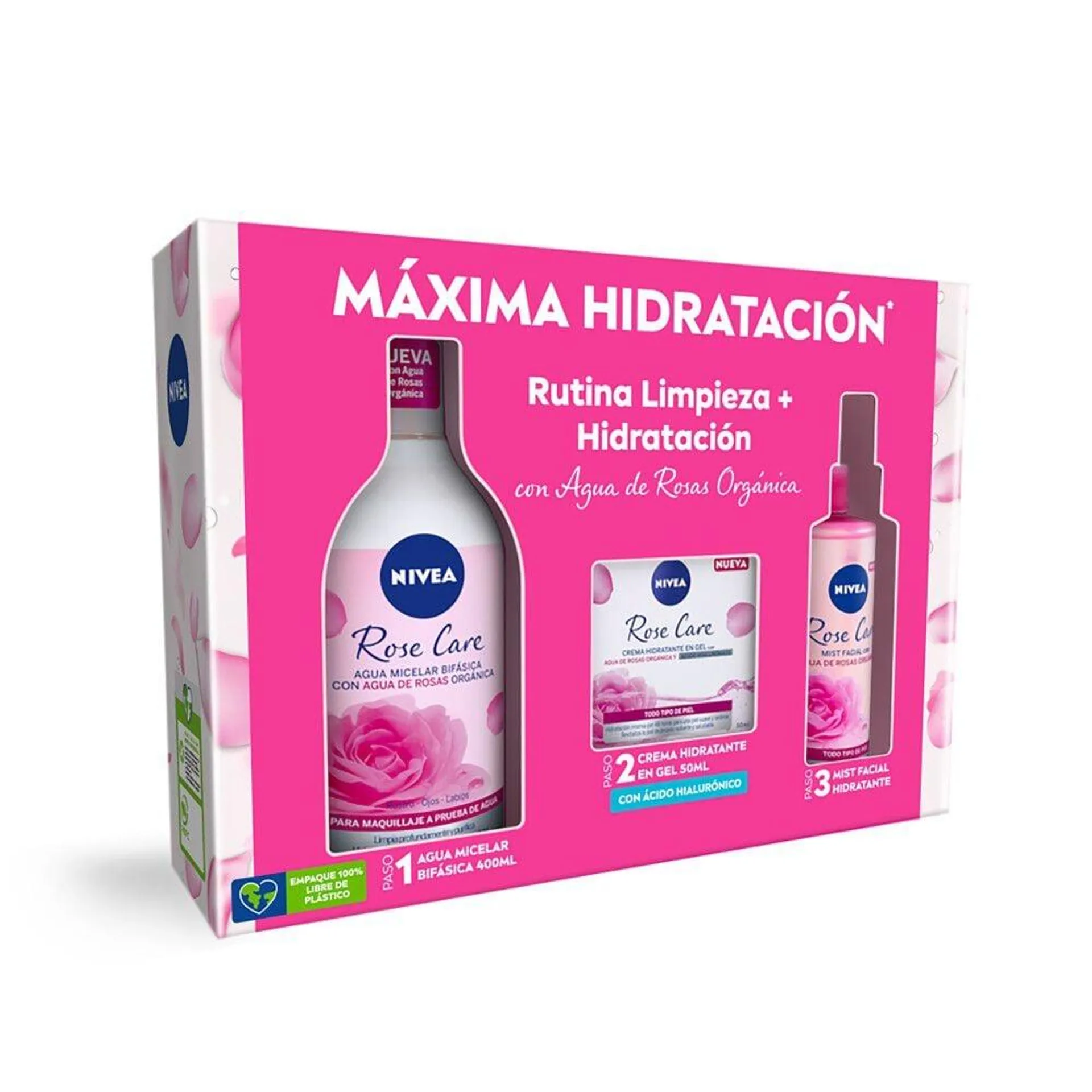 Pack Rutina Rose Care Agua Micelar Bifásica 400 mL + Crema Hidratante En Gel 50 mL + Mist Refrescante 150 mL