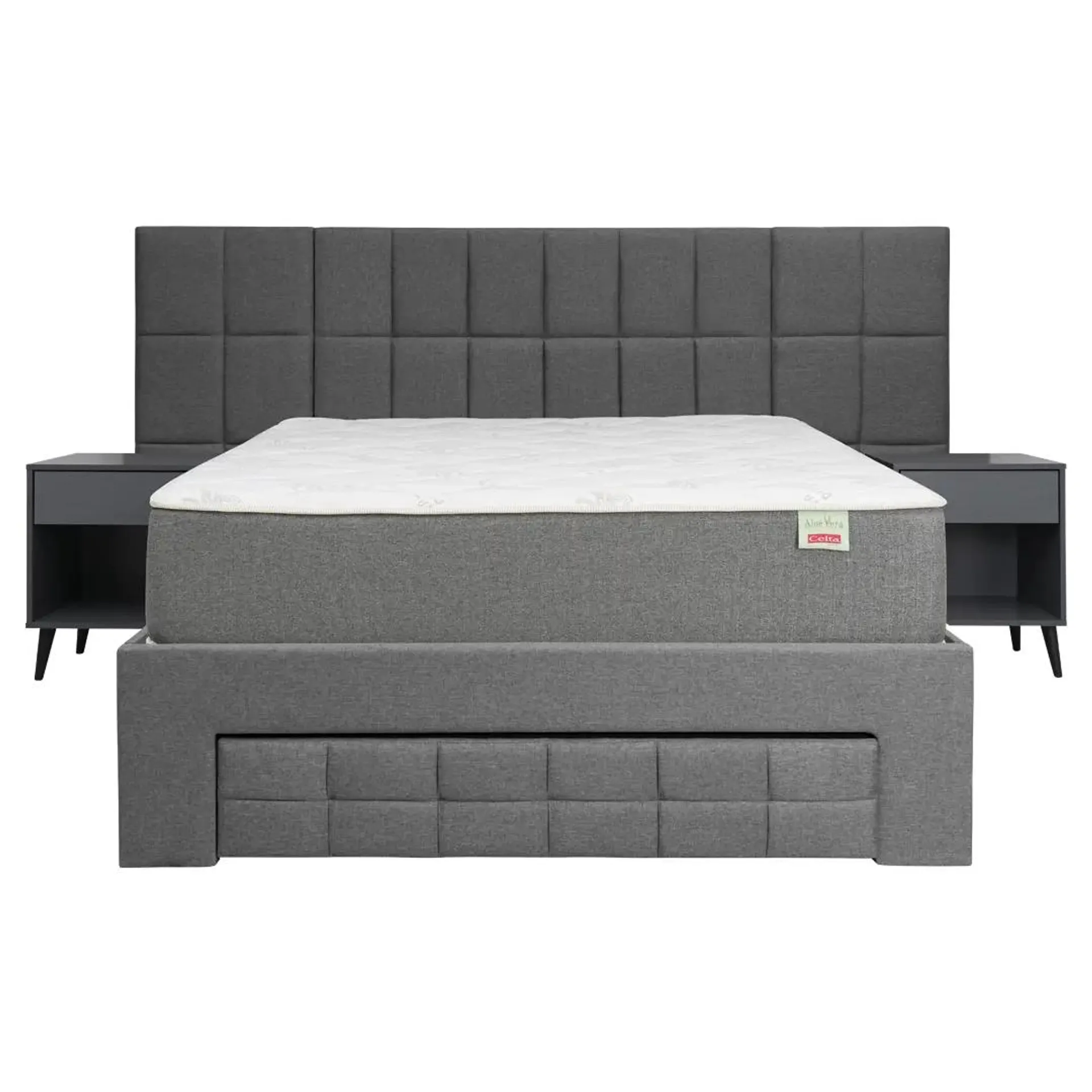 Cama Funcional Noah 2 plazas + Veladores Ivo Gray + Colchon Aloe Vera