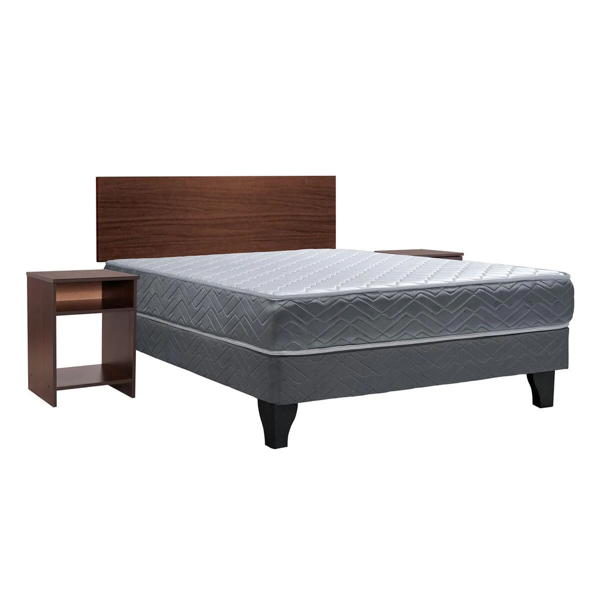 Combo Cama Europea Celta 2 Plazas Cádiz + Respaldo + 2 Veladores Casanova Nogal