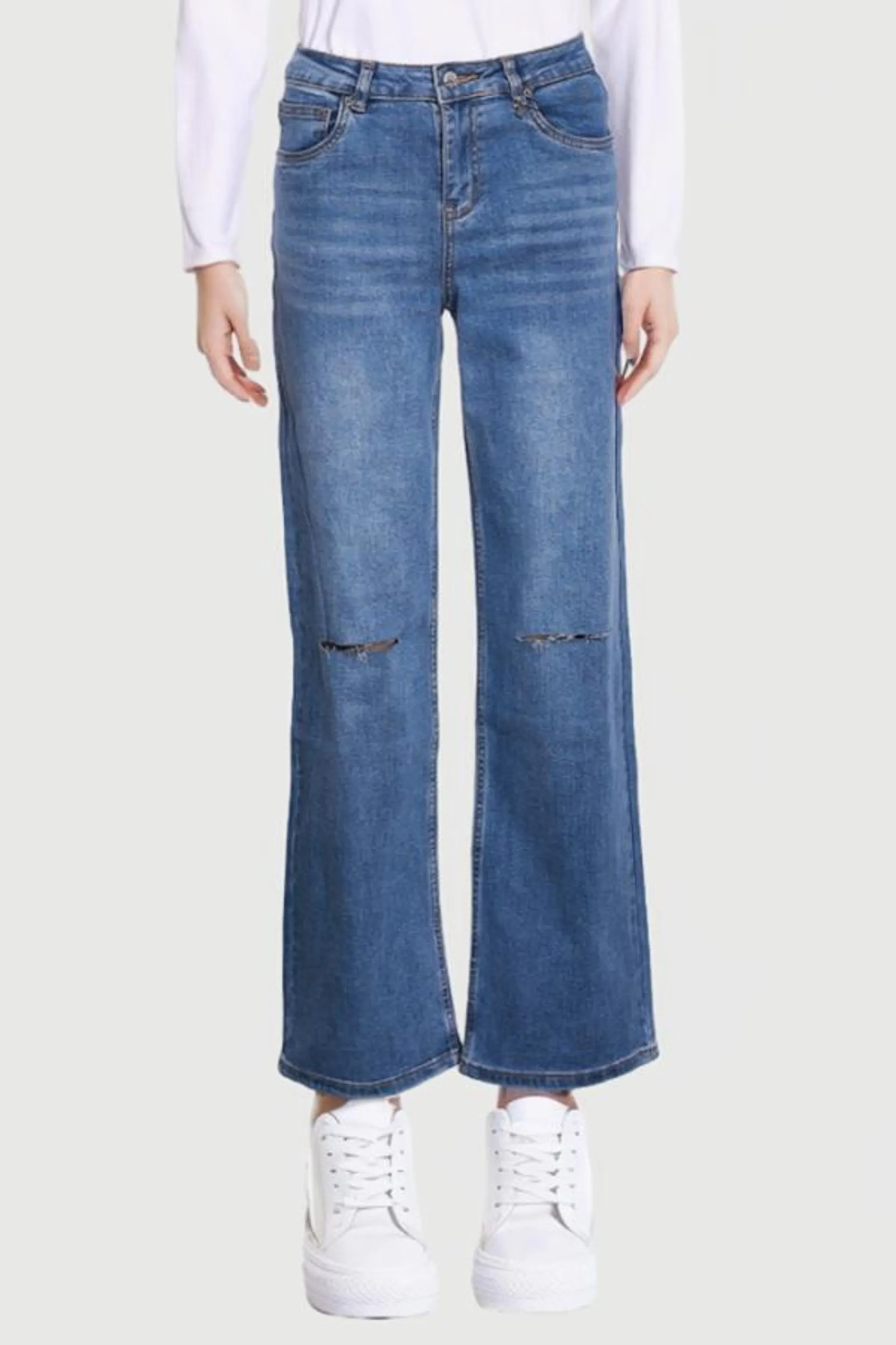 Jeans niÑa wide leg con roturas azul