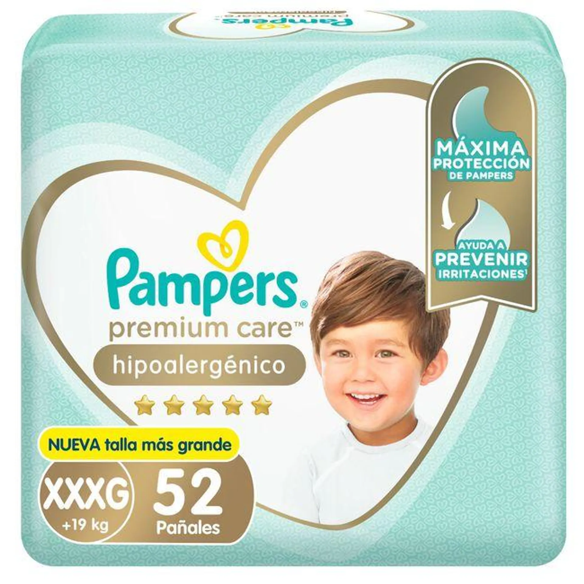 Pañales Pampers Premium Care Hipoalergénico Talla XXXG 52 un.