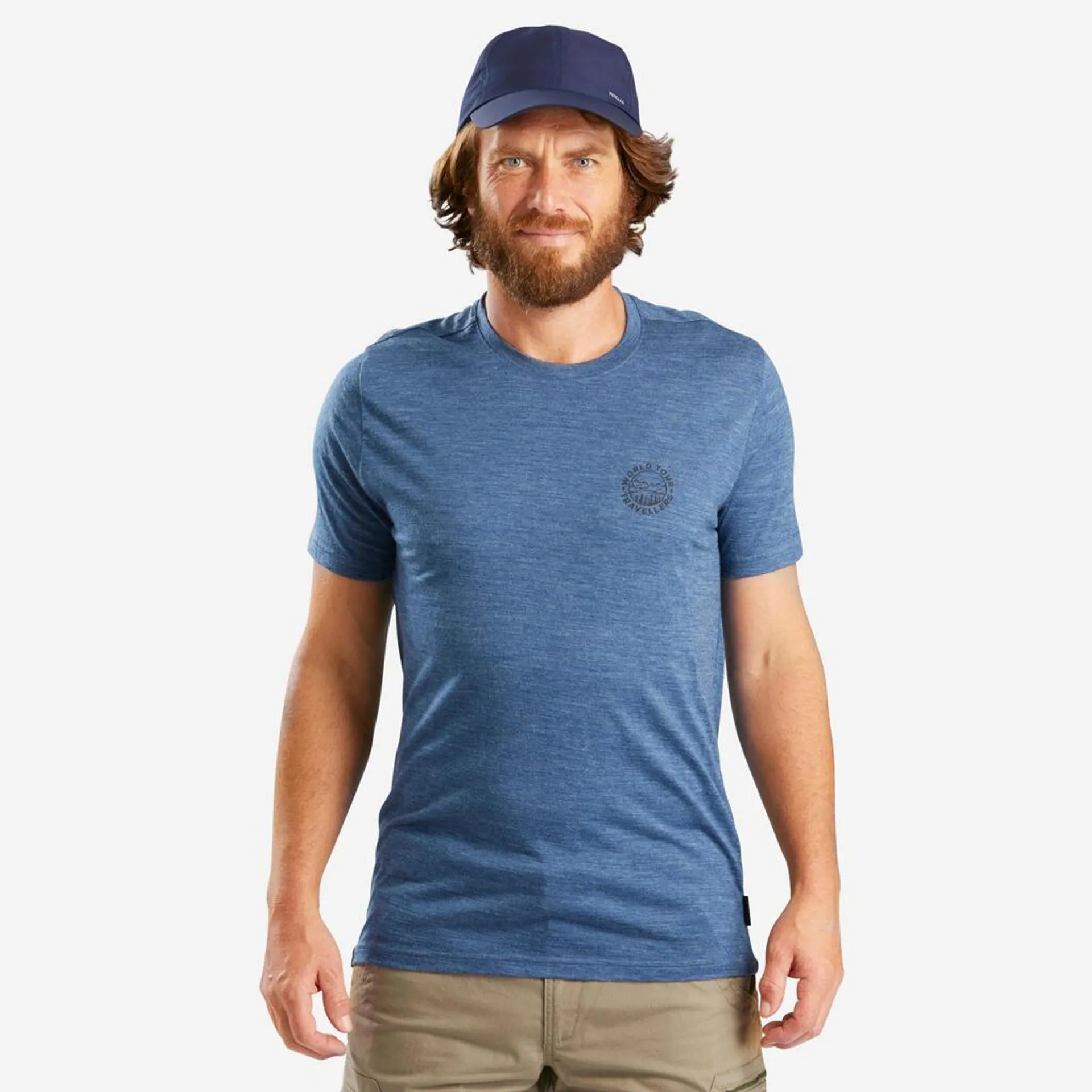 POLERA DE SENDERISMO VIAJE MANGA CORTA LANA MERINO HOMBRE - TRAVEL 500 AZUL