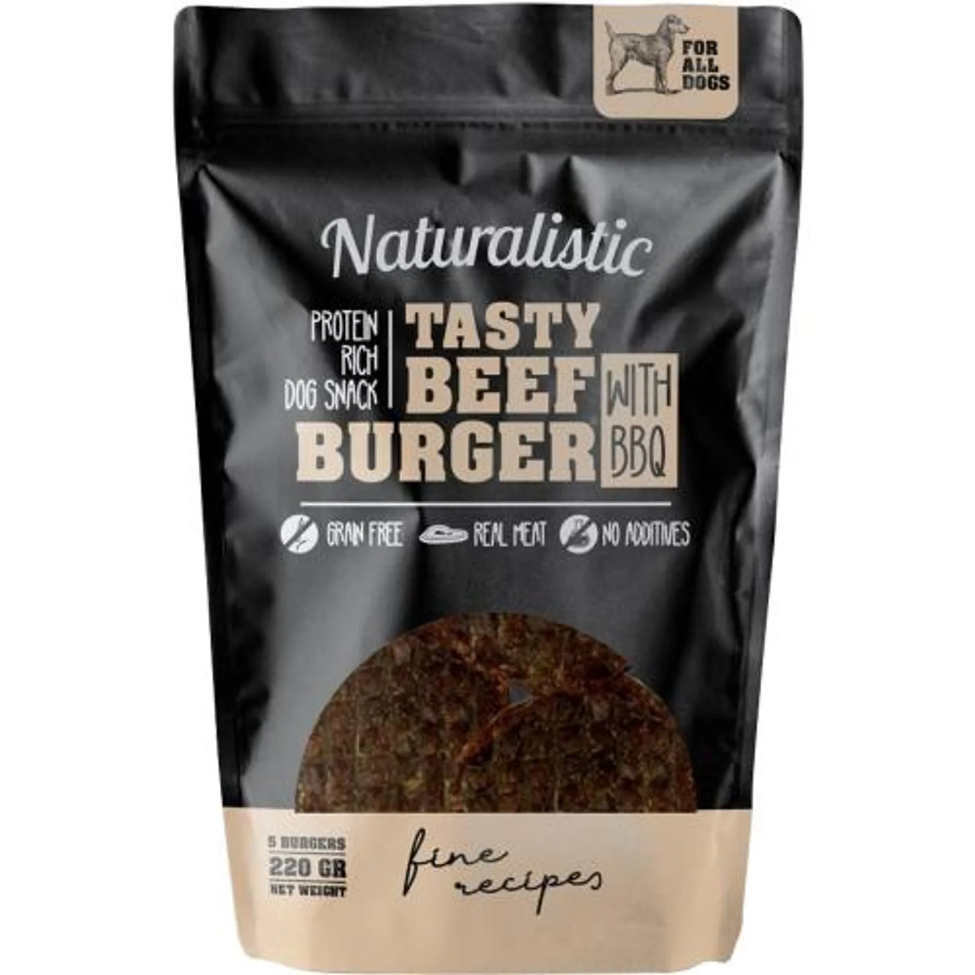 NATURALISTIC TASTY BEEF BURGER WHITH BBQ 220 GR, 5 UN