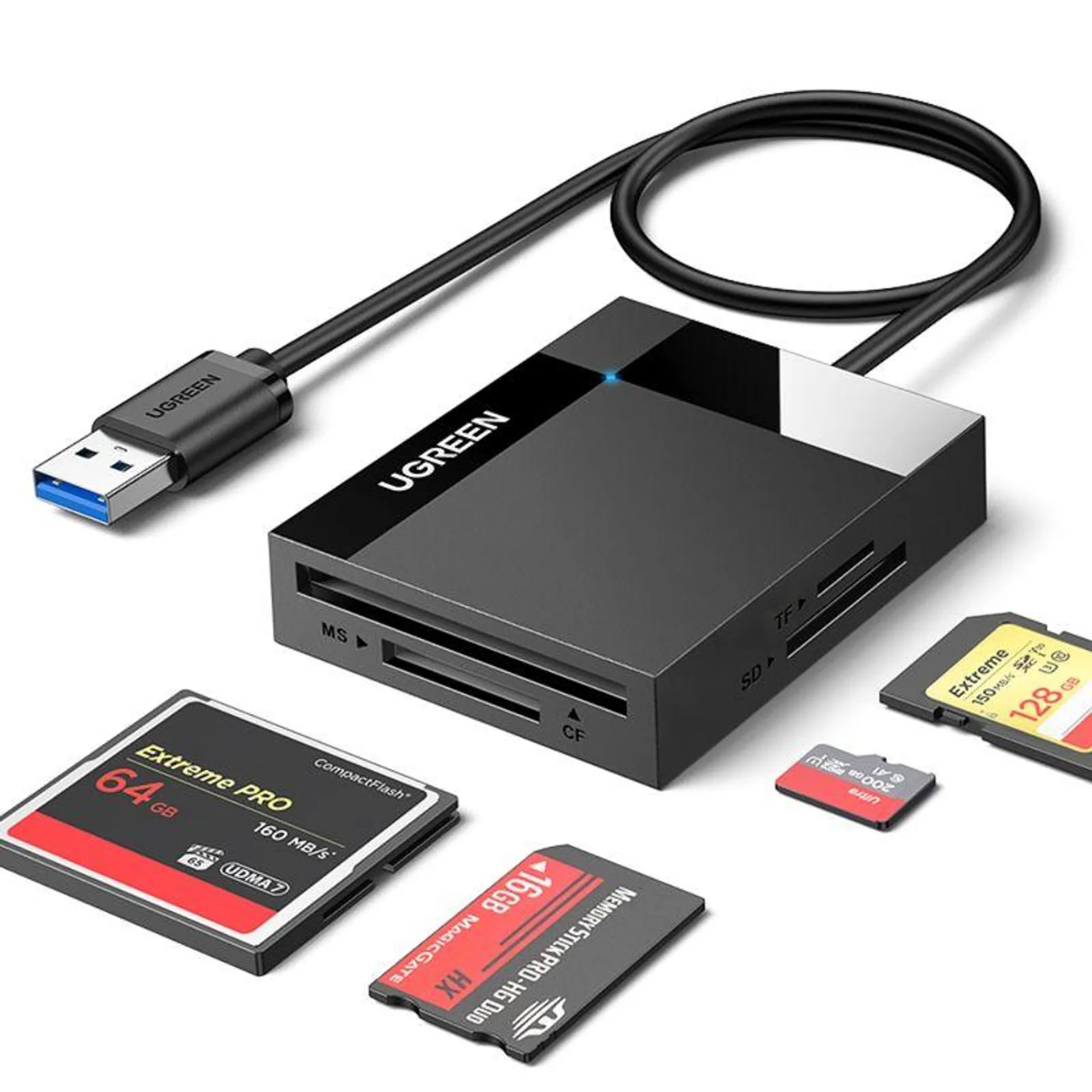 UGREEN LECTOR 4EN1 MULTI-TARJETA DE MEMORIA USB-A 3.0 (SD/MICROSD/CF/MS) 50CM NEGRO CR125