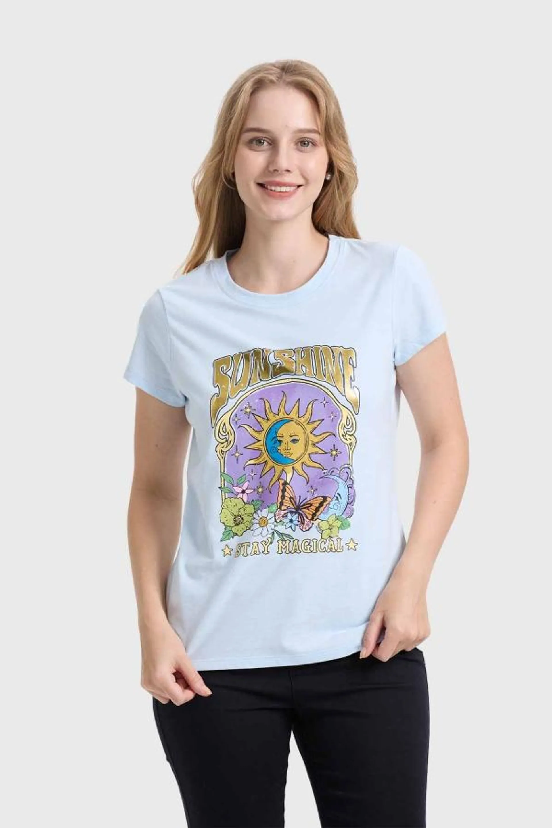 Polera mujer bÁsica print celeste claro