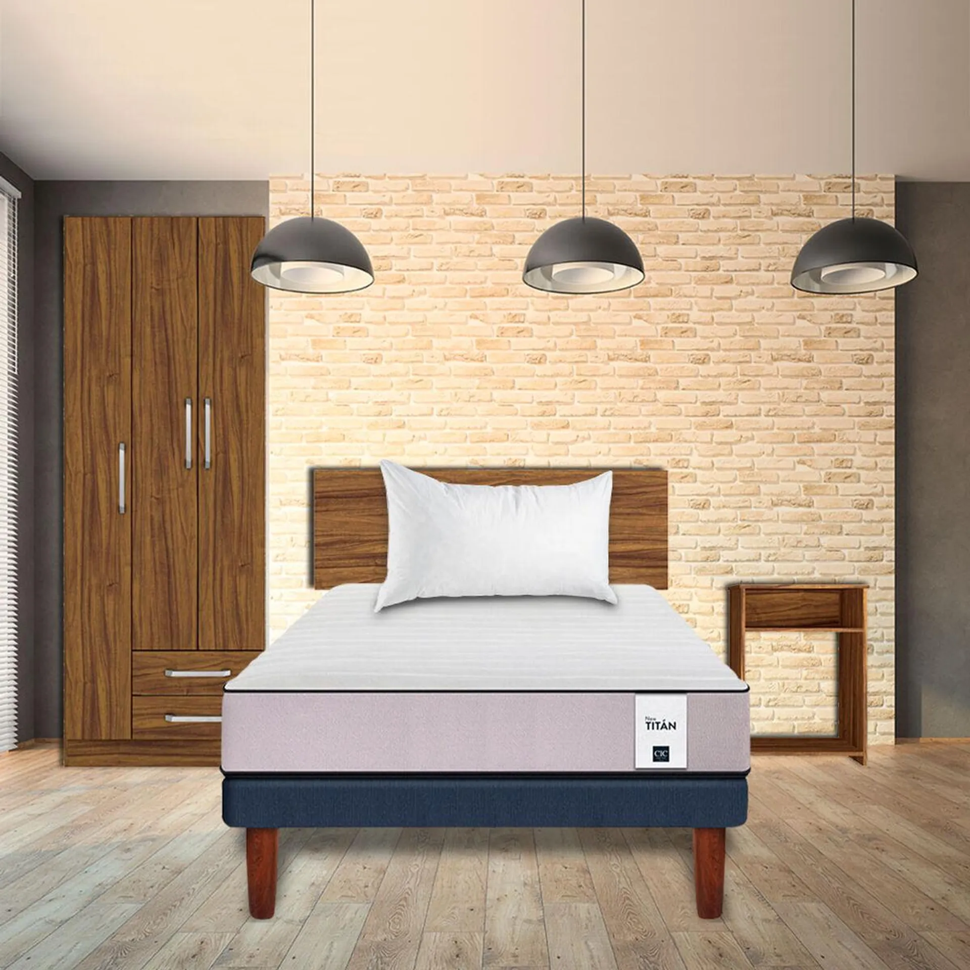 Combo Cama Europea CIC 1,5 Plazas New Titán + Set Maderas Nogal + Clóset Casanova 3 Puertas 2 Cajones + Almohada Celta Imperial Soft