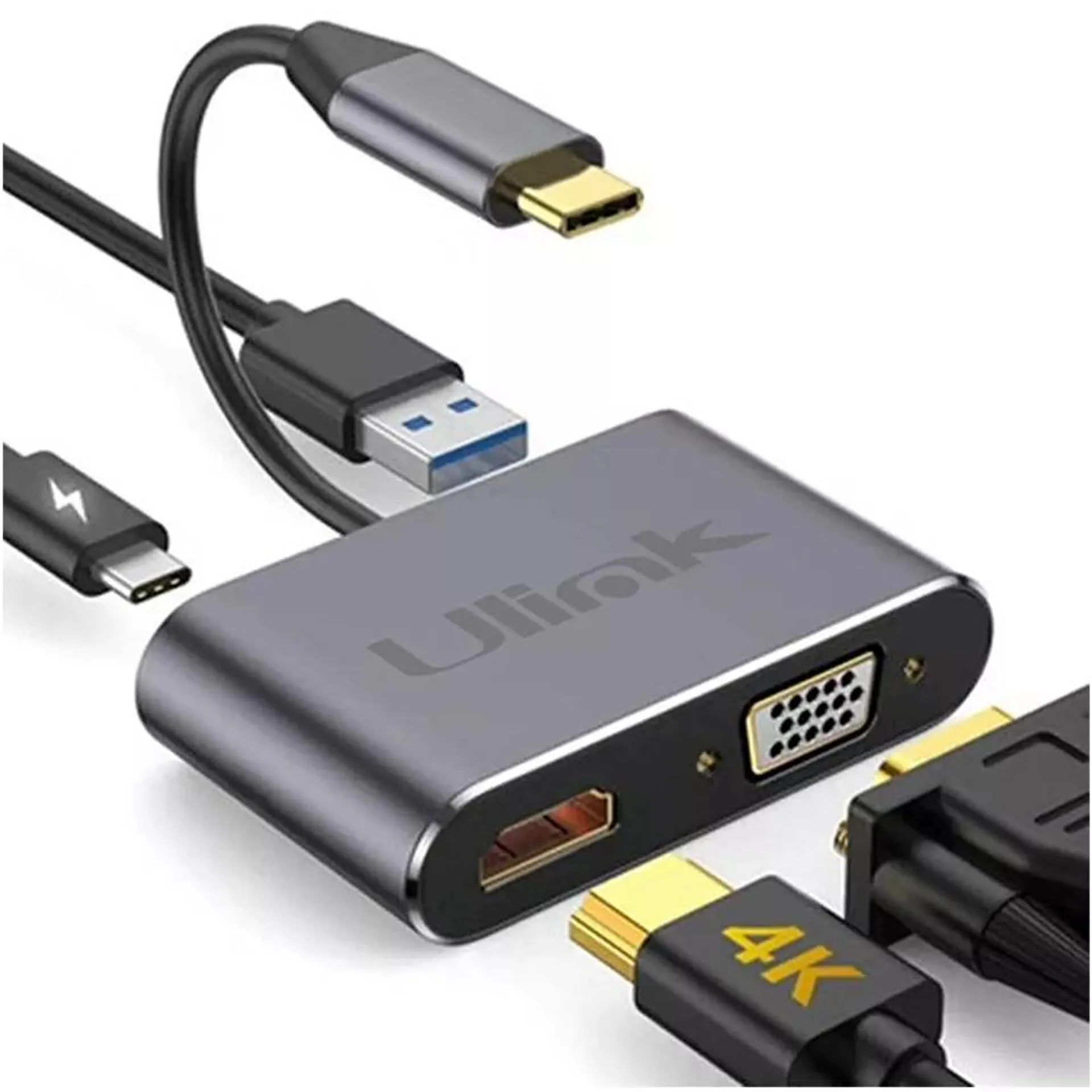 Adaptador multipuerto USB C 4 en 1 , HDMI*1, VGA*1, USB3.0*1, PD*1 , aluminio / UL-ADC404V - 0060146