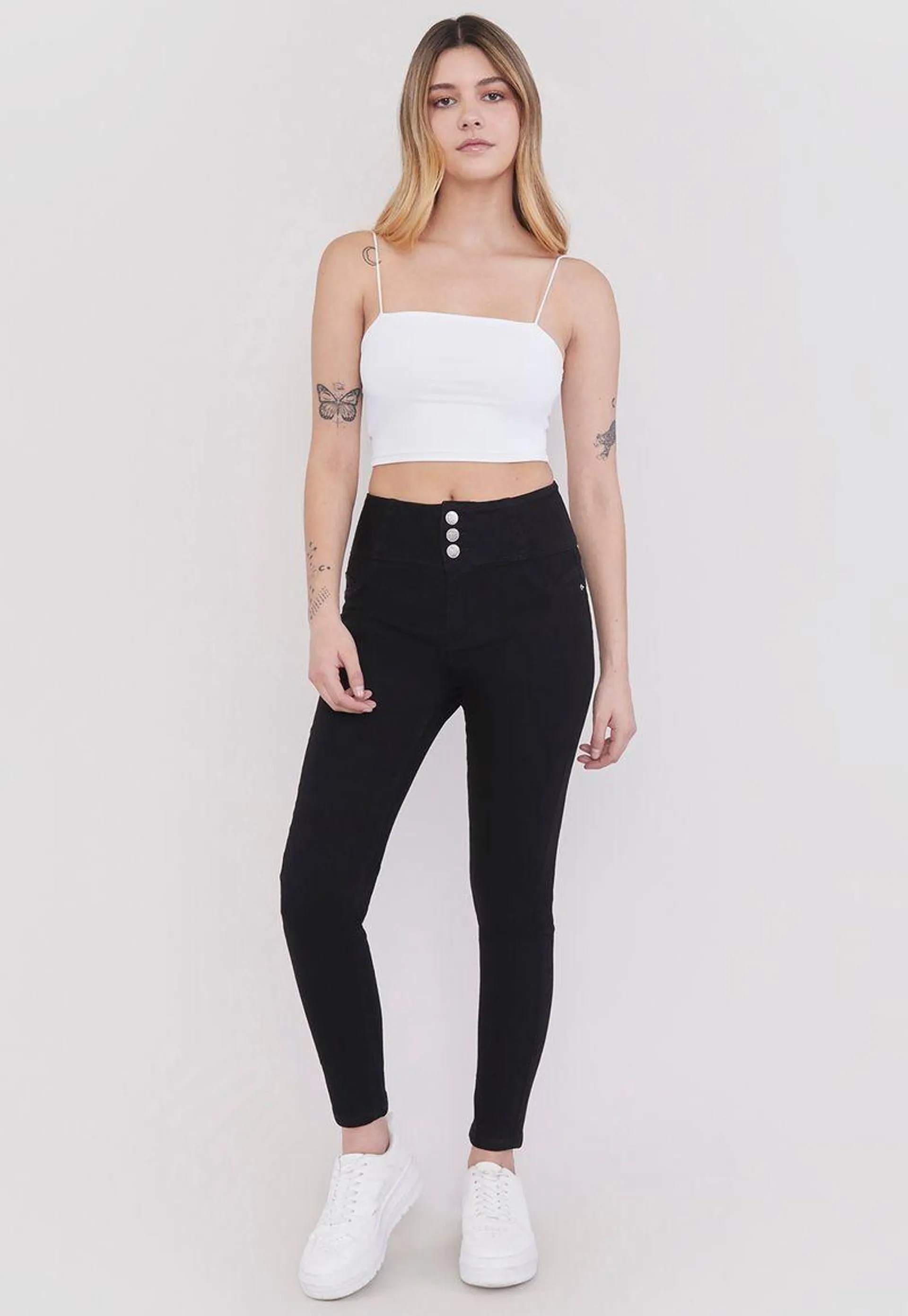 Jeans Mujer 3 Botones Push Up Negro