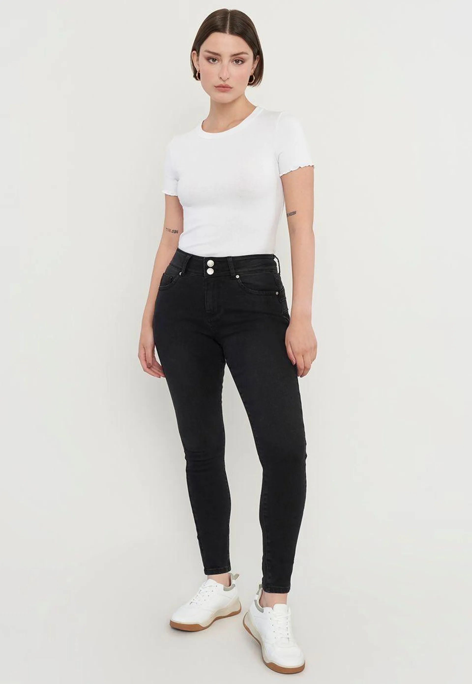 Jeans Mujer Negro High Waist 2 Botones