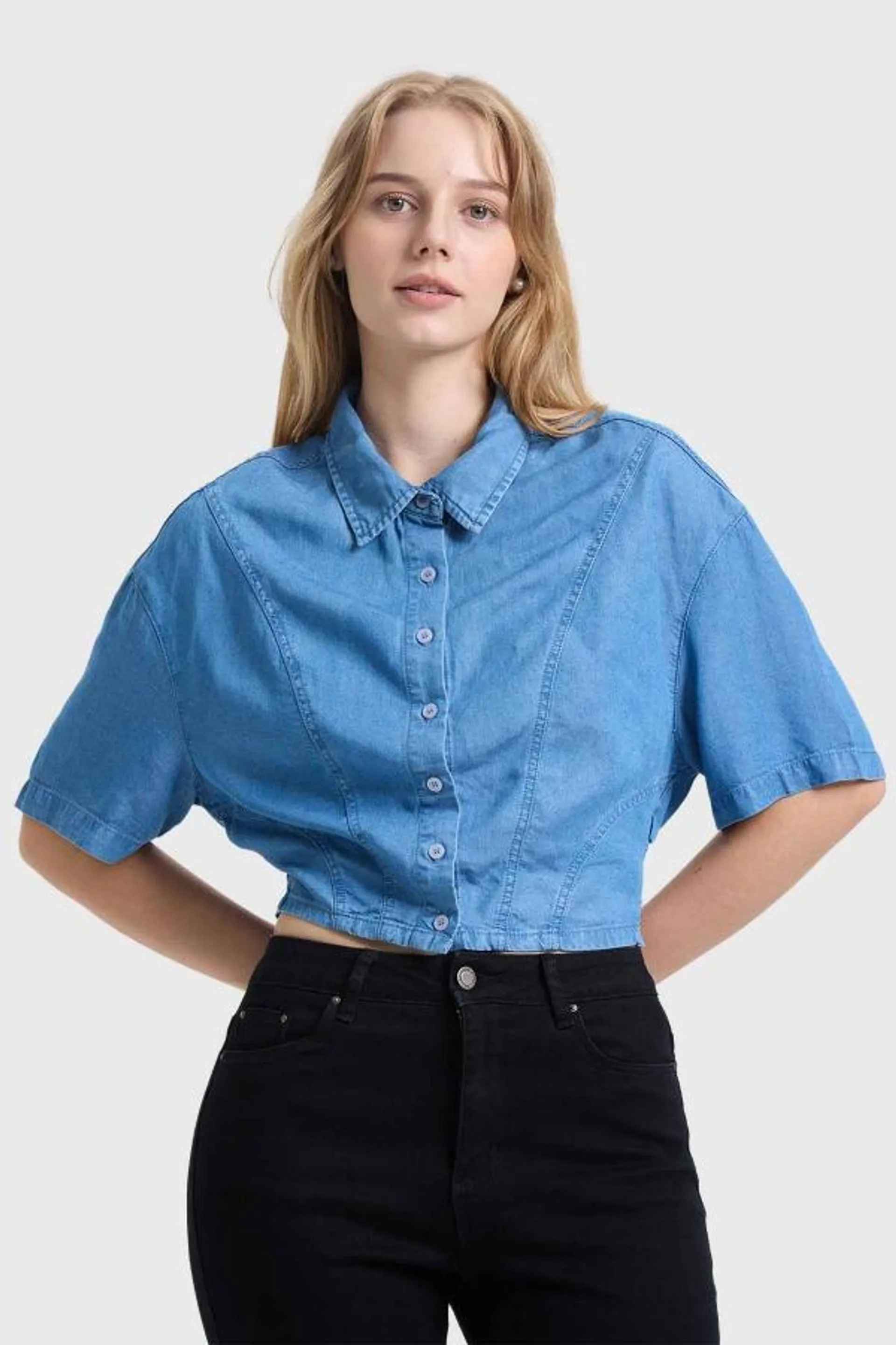 Blusa mujer ajuste cintura azul