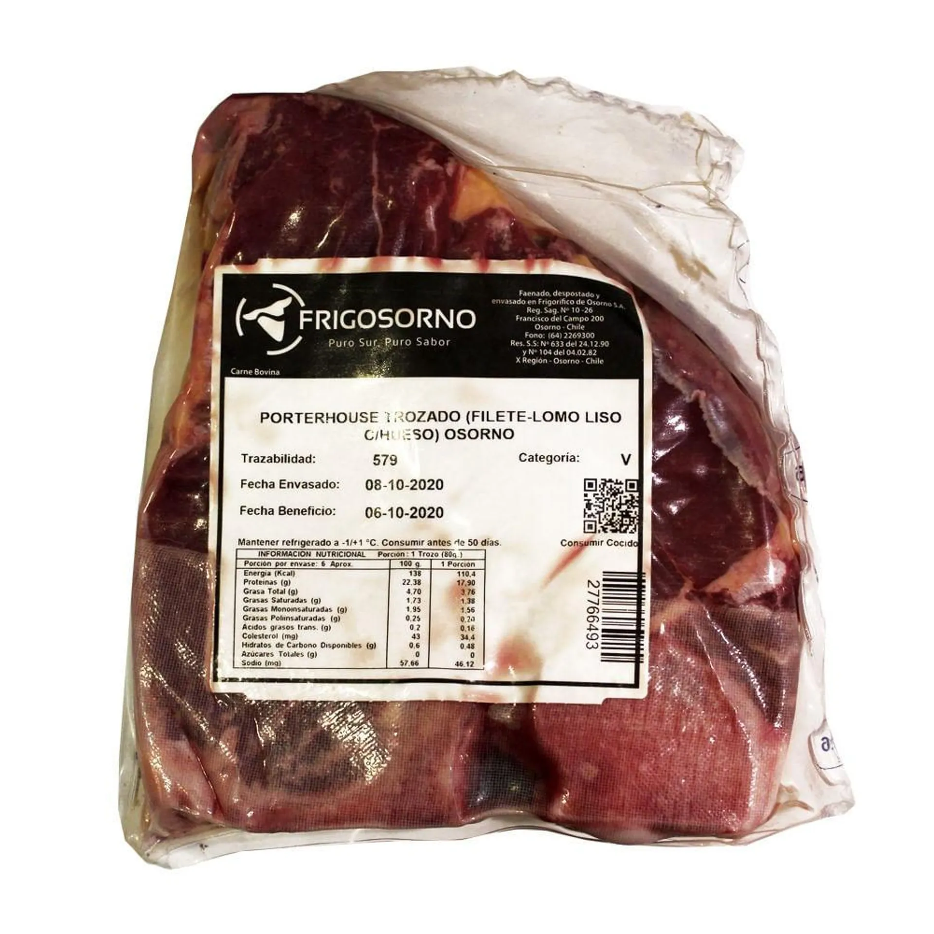 Porterhouse trozado vacuno (filete y lomo liso con hueso) premium al vacío 800 g