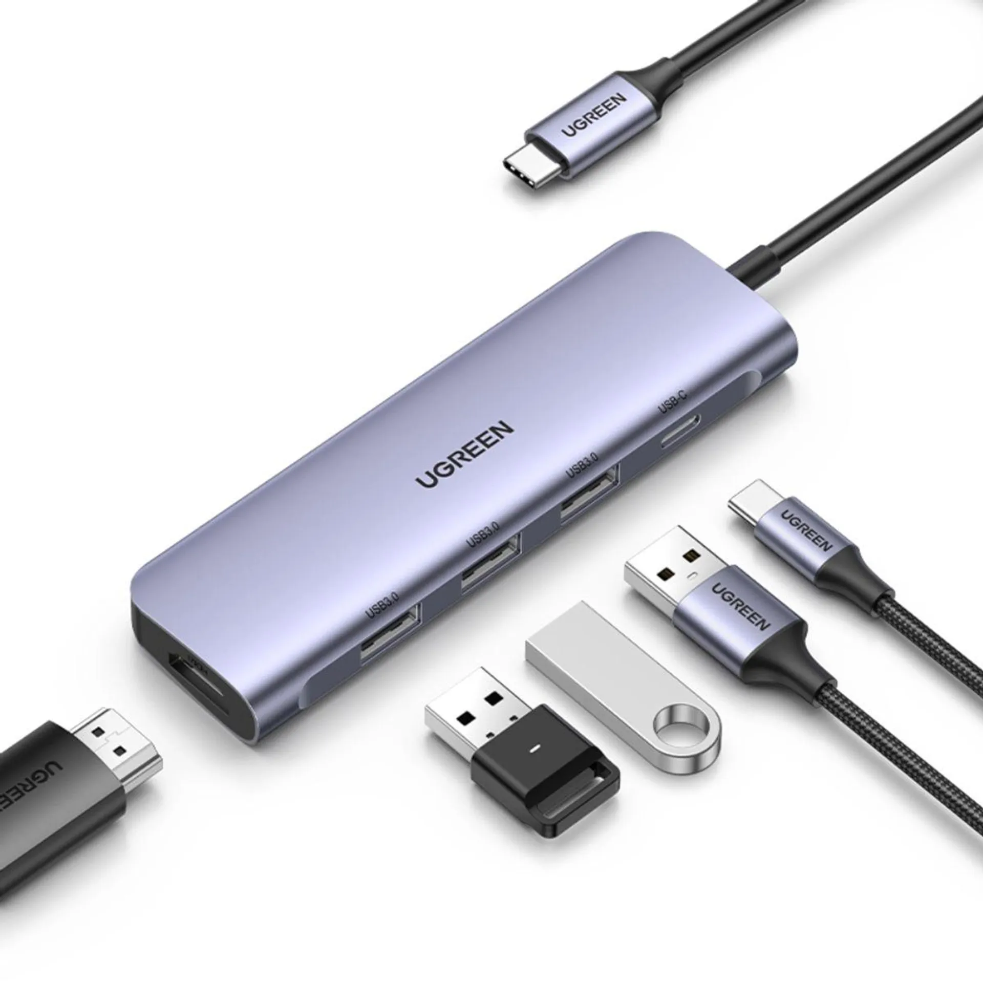 UGREEN MULTIPUERTO USB-C / (1HDMI 4K/30HZ) + (3USB 3.0) + (1IN USB-C PD) ALUMINIO CM136