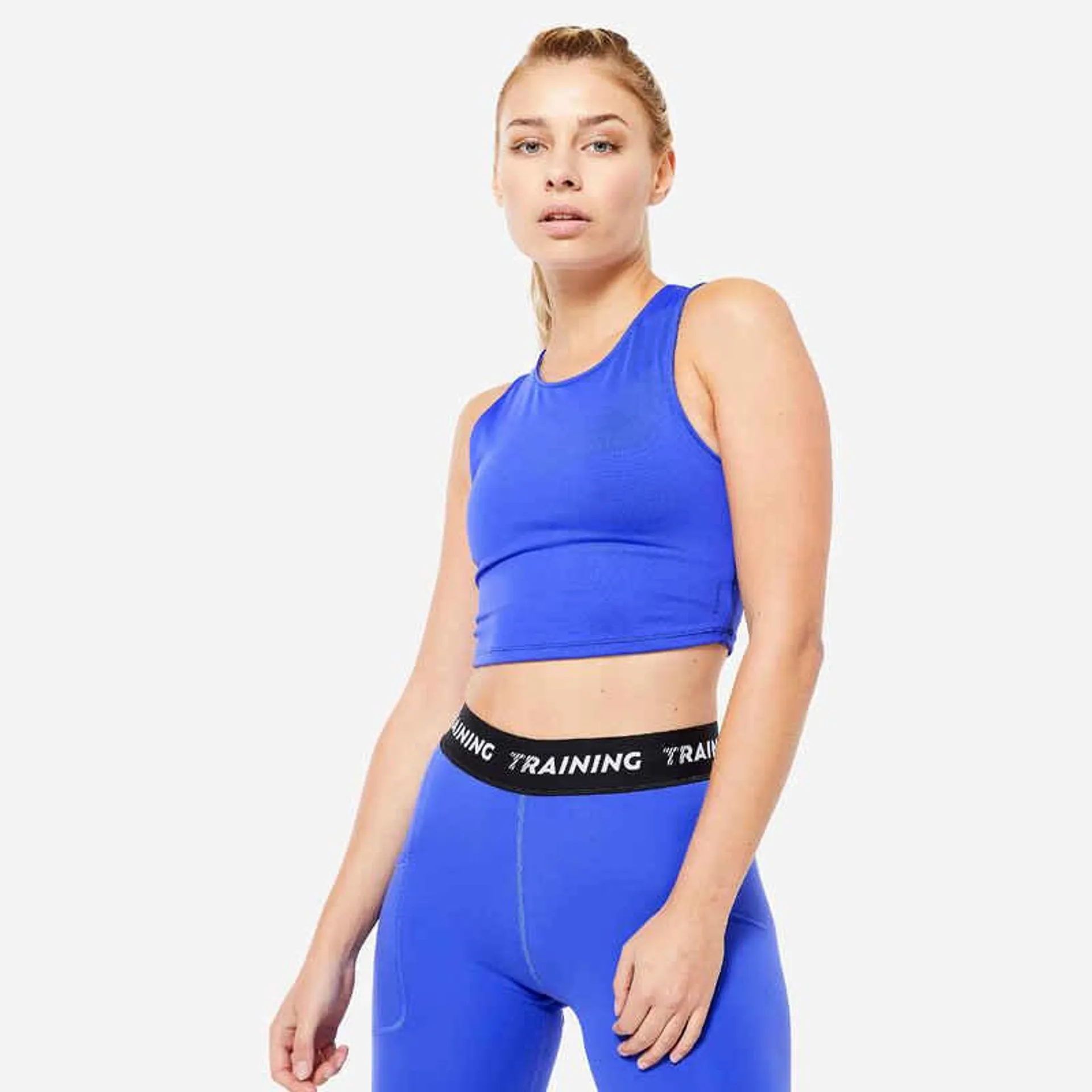 POLERA SIN MANGAS CROP TOP FITNESS CARDIO MUJER AZUL