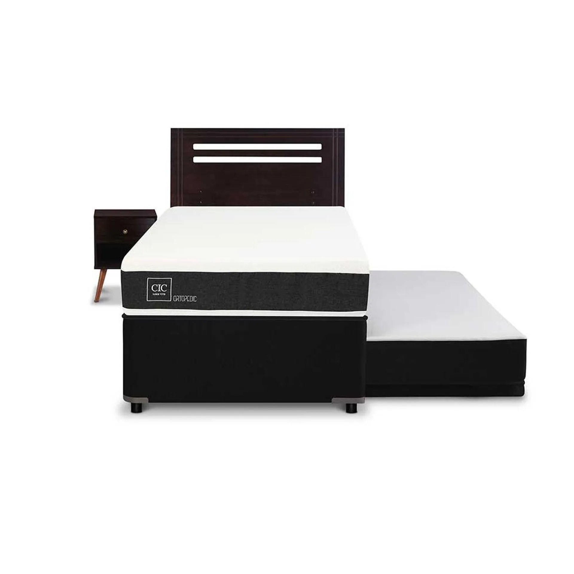 Cama Nido CIC 1,5 Plazas Superior 1 Plaza Inferior New Ortopedic Black + Respaldo + Velador New Munich