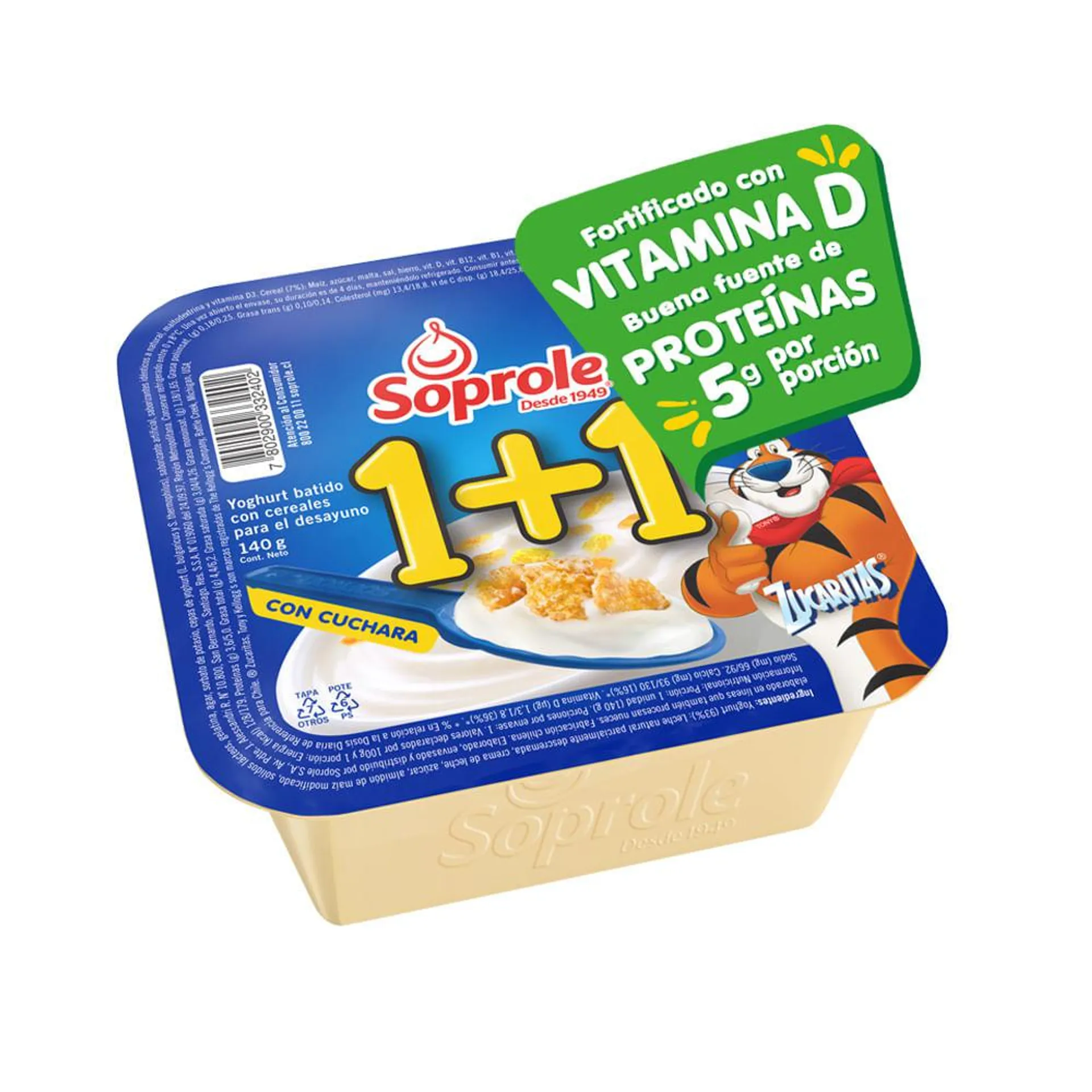 Yoghurt con cereal Soprole 1+1 zucaritas pote 140 g