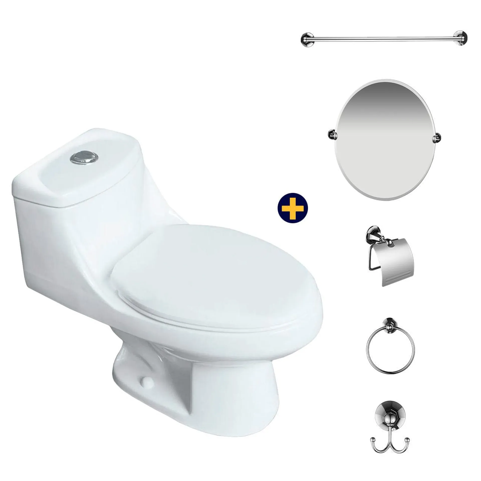 Sanitario One Piece Zeus II Doble Pulsador Descarga A Piso 30 cm+ Kit de Espejo y Accesorios De Baño