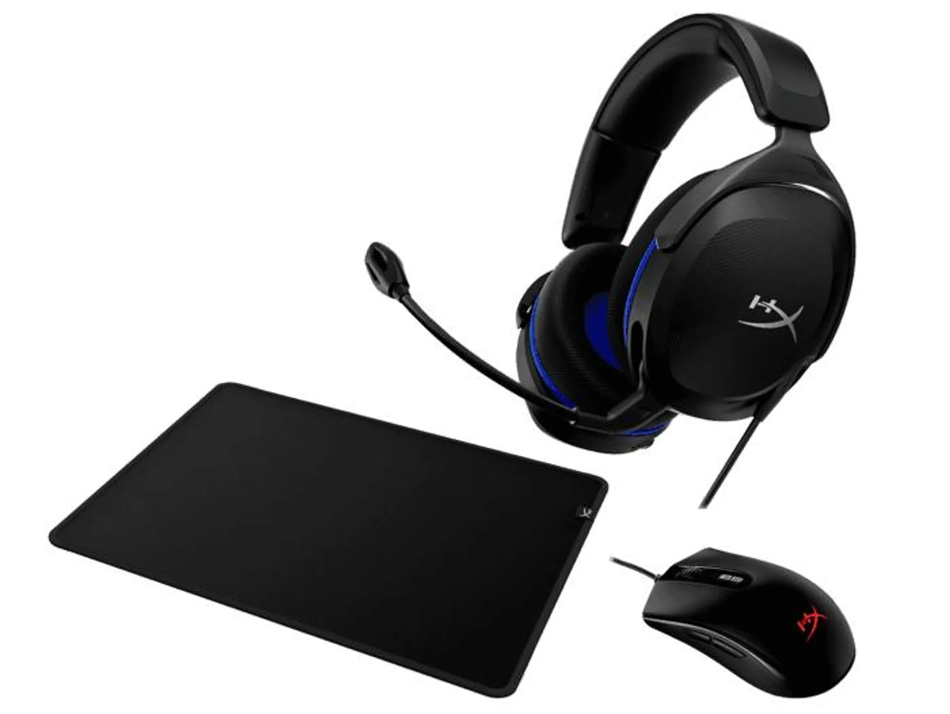 Mouse HyperX Pulsefire Core Negro + Almohadilla HyperX Pulsefire Mat L + Audífonos HyperX Cloud Stinger