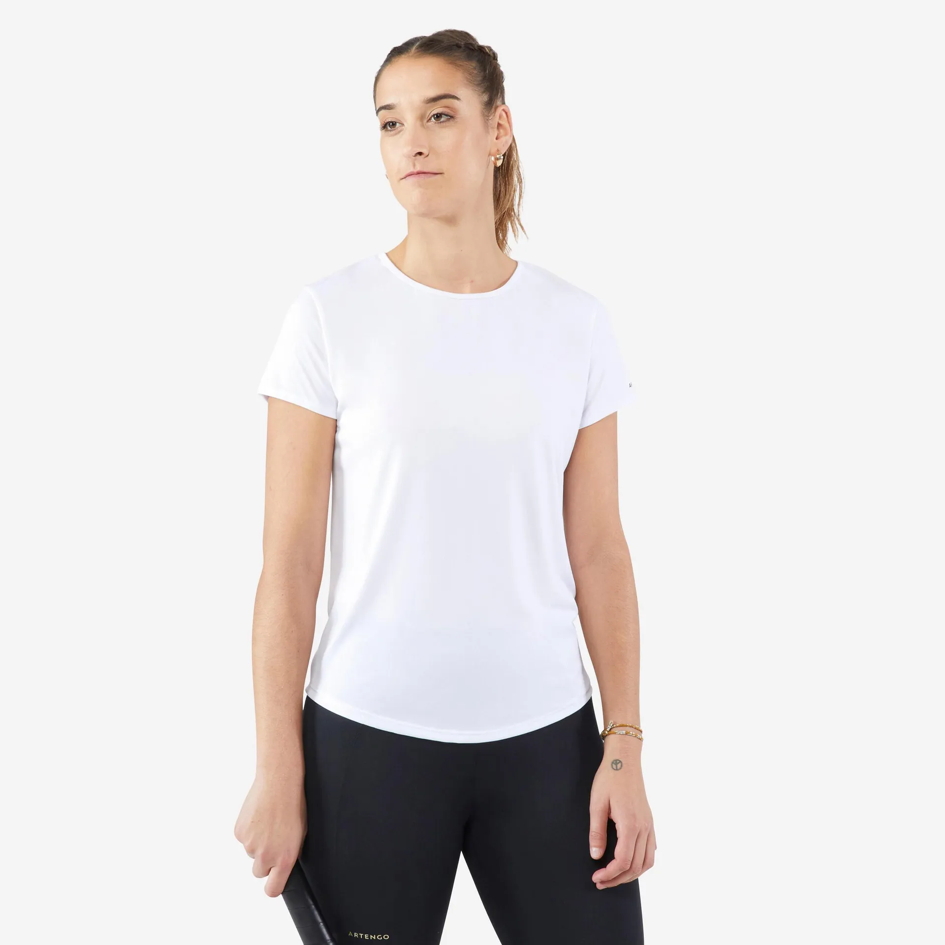 POLERA DE TENIS MUJER CUELLO REDONDO DRY ESSENTIEL 100 BLANCO