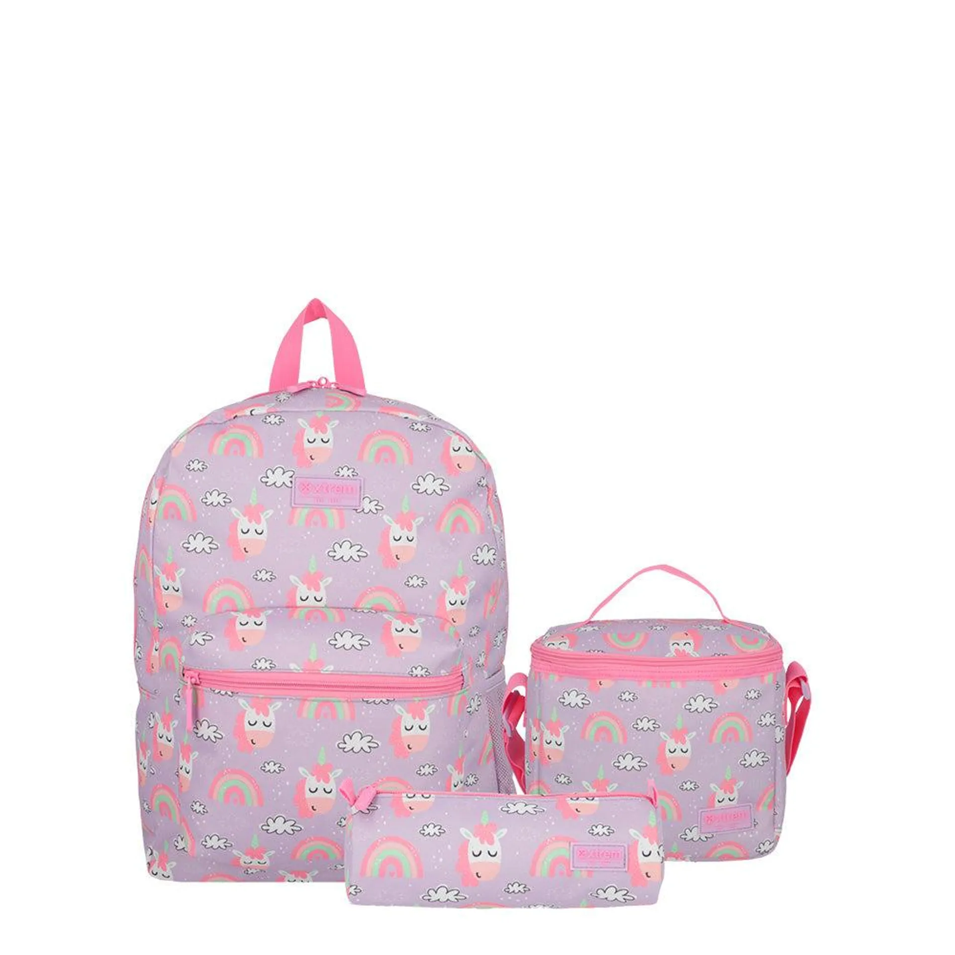 Triple pack mochila escolar + lonchera + estuche Unicorn lila