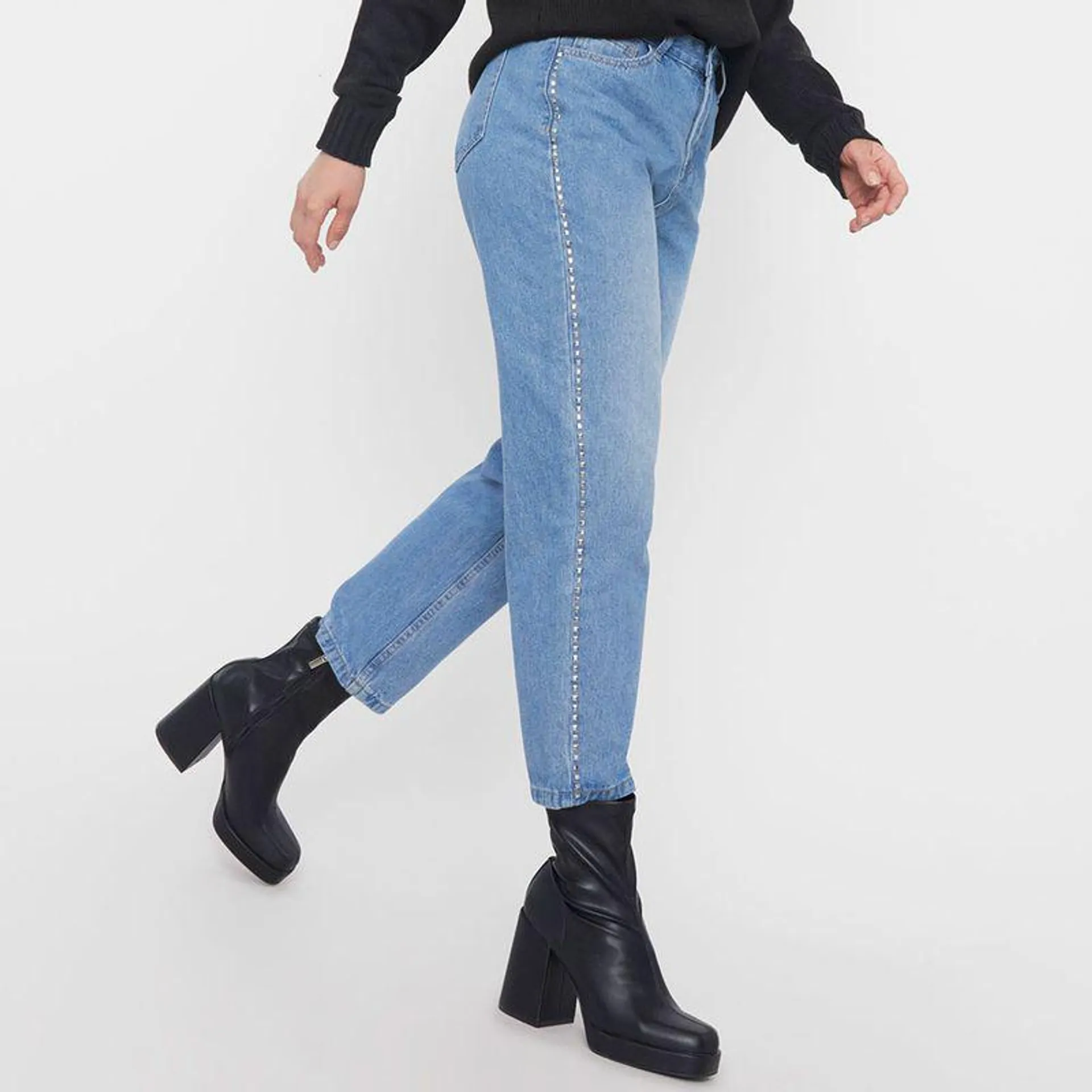 Jeans Mujer Straight Brillo Lateral Azul Medio