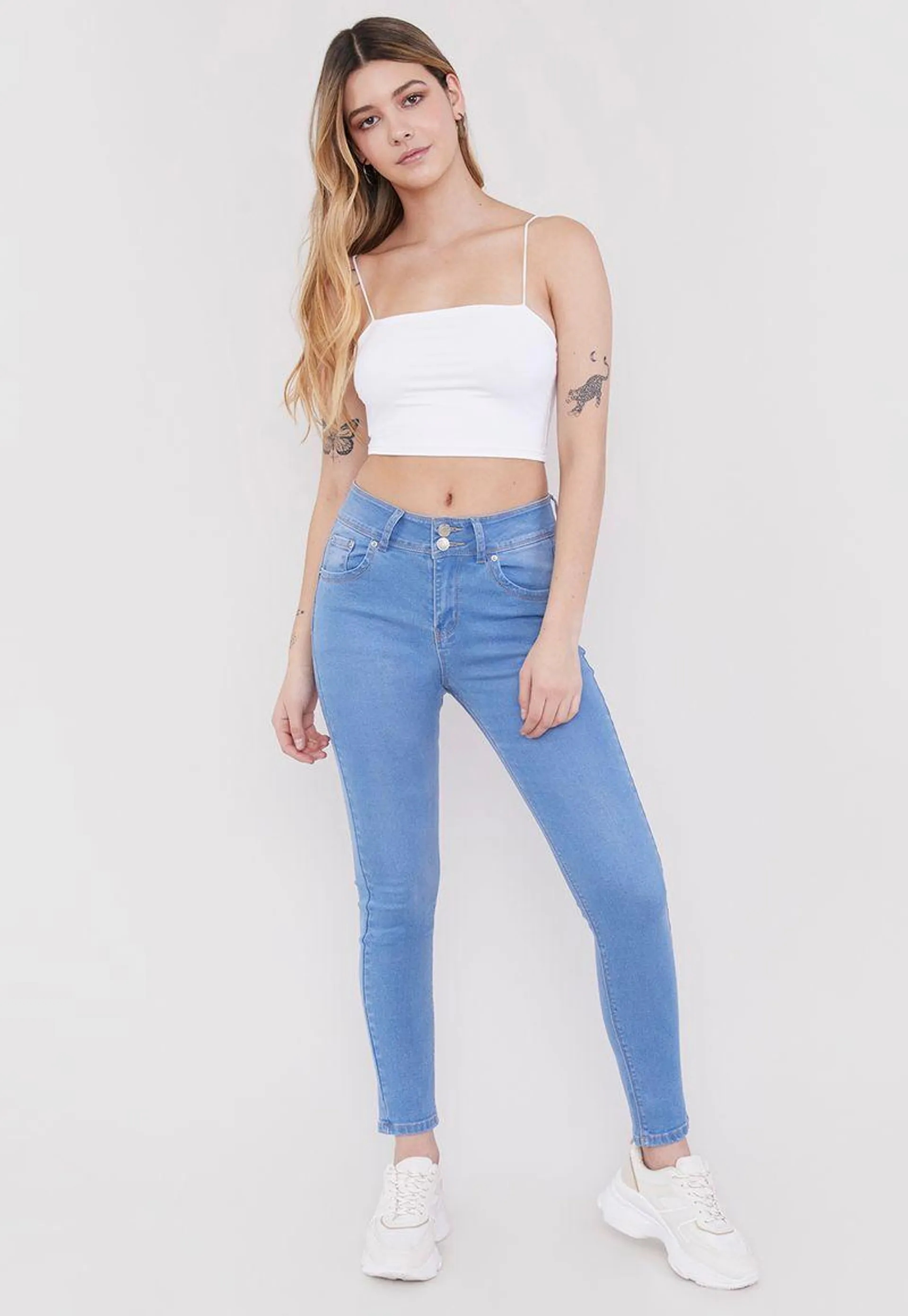 Jeans Mujer High Waist Botones Azul Claro