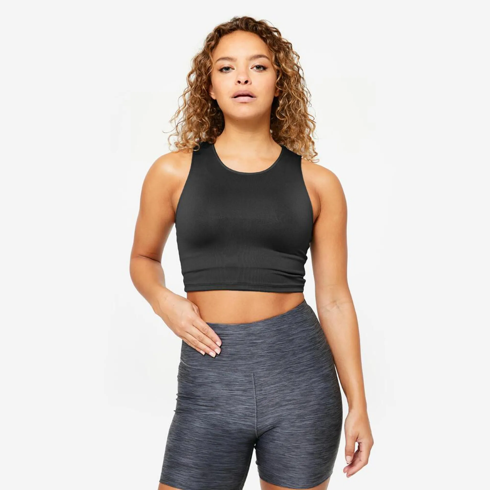 POLERA SIN MANGAS CROP TOP FITNESS CARDIO MUJER NEGRO